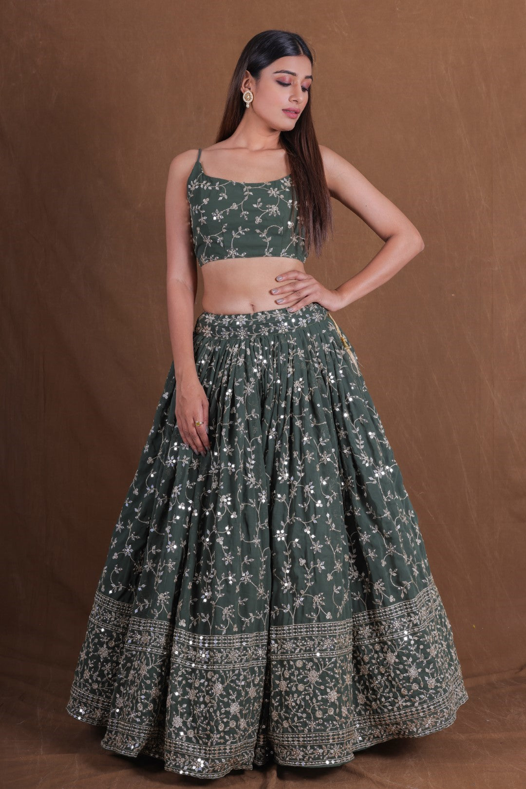 Women's Green Georgette Embroidered Lehenga Set - Jihu Culture