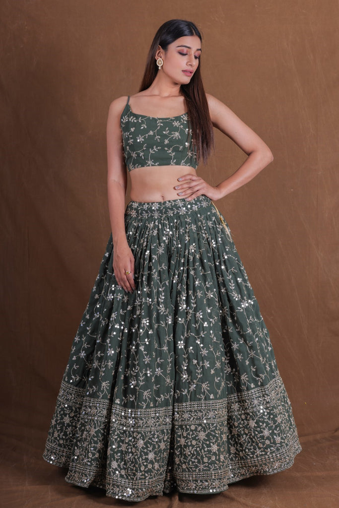 Women's Green Georgette Embroidered Lehenga Set