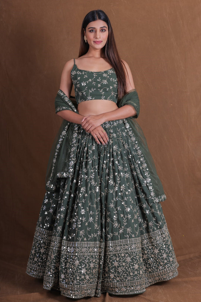 Women's Green Georgette Embroidered Lehenga Set