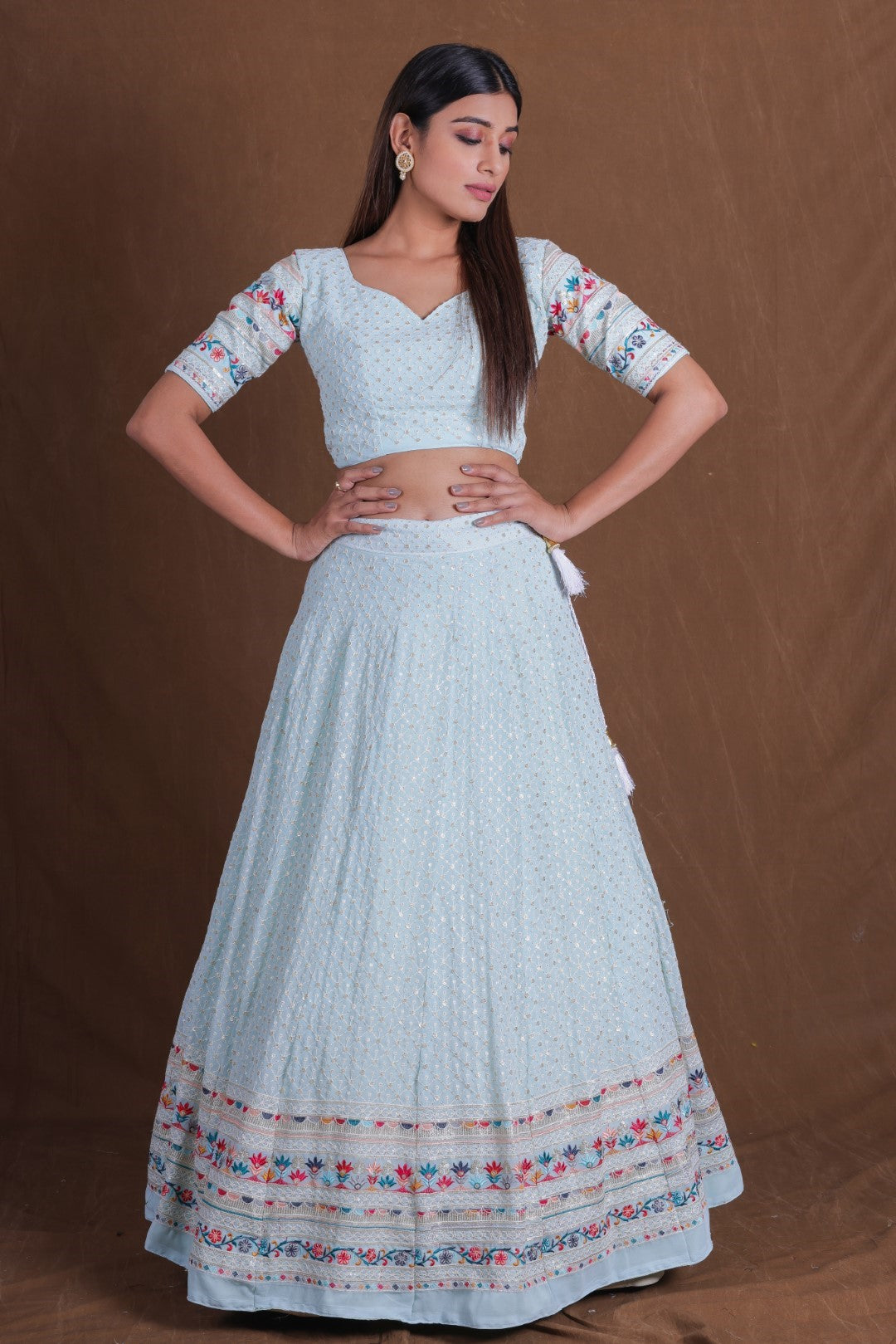 Women's Sky Blue Georgette Embroidered Lehenga Set