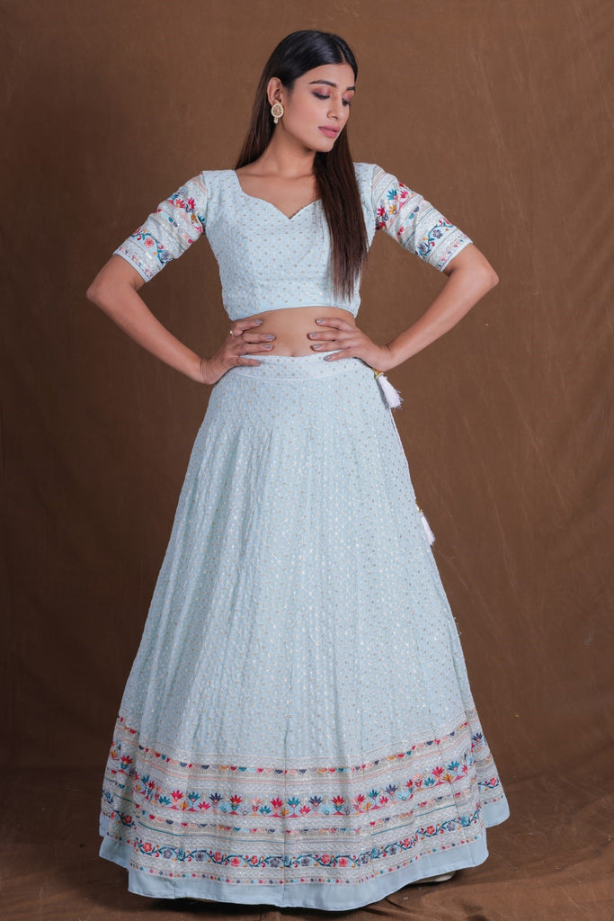 Women's Sky Blue Georgette Embroidered Lehenga Set