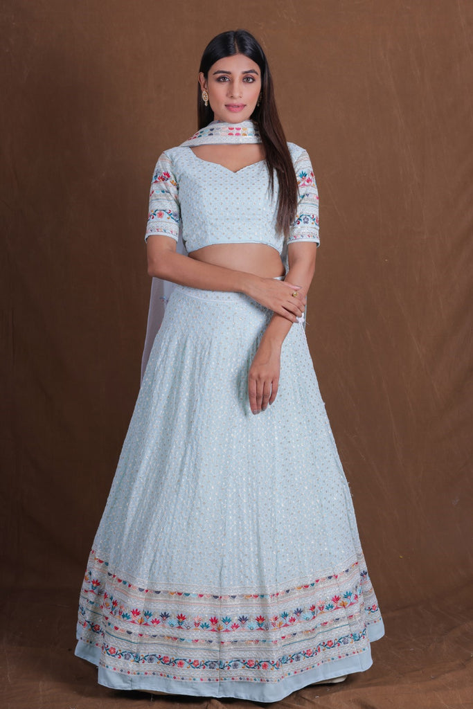 Women's Sky Blue Georgette Embroidered Lehenga Set