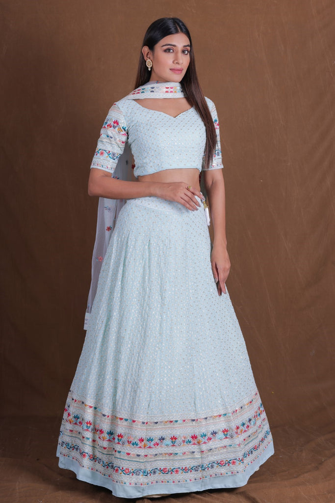 Women's Sky Blue Georgette Embroidered Lehenga Set