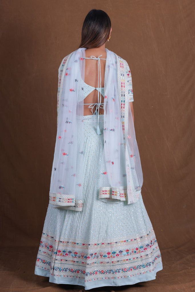 Women's Sky Blue Georgette Embroidered Lehenga Set