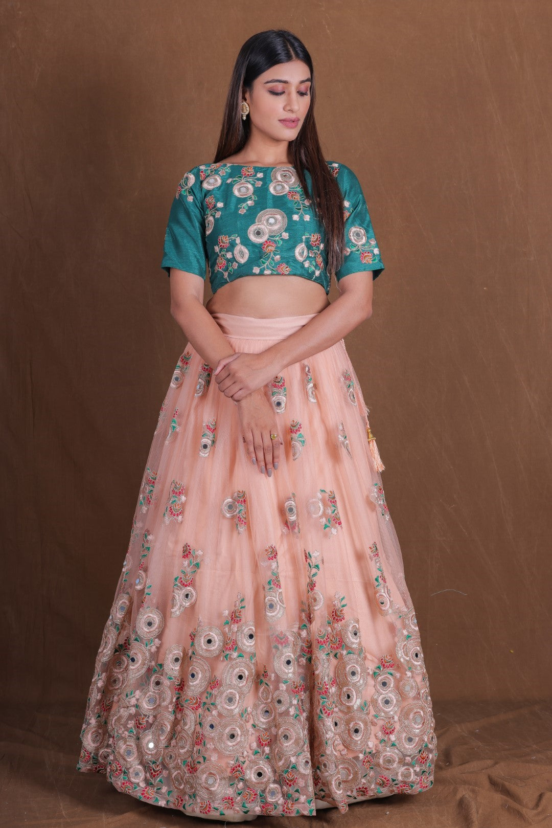 Women's Peach Net Embroidered Lehenga Set - Jihu Culture