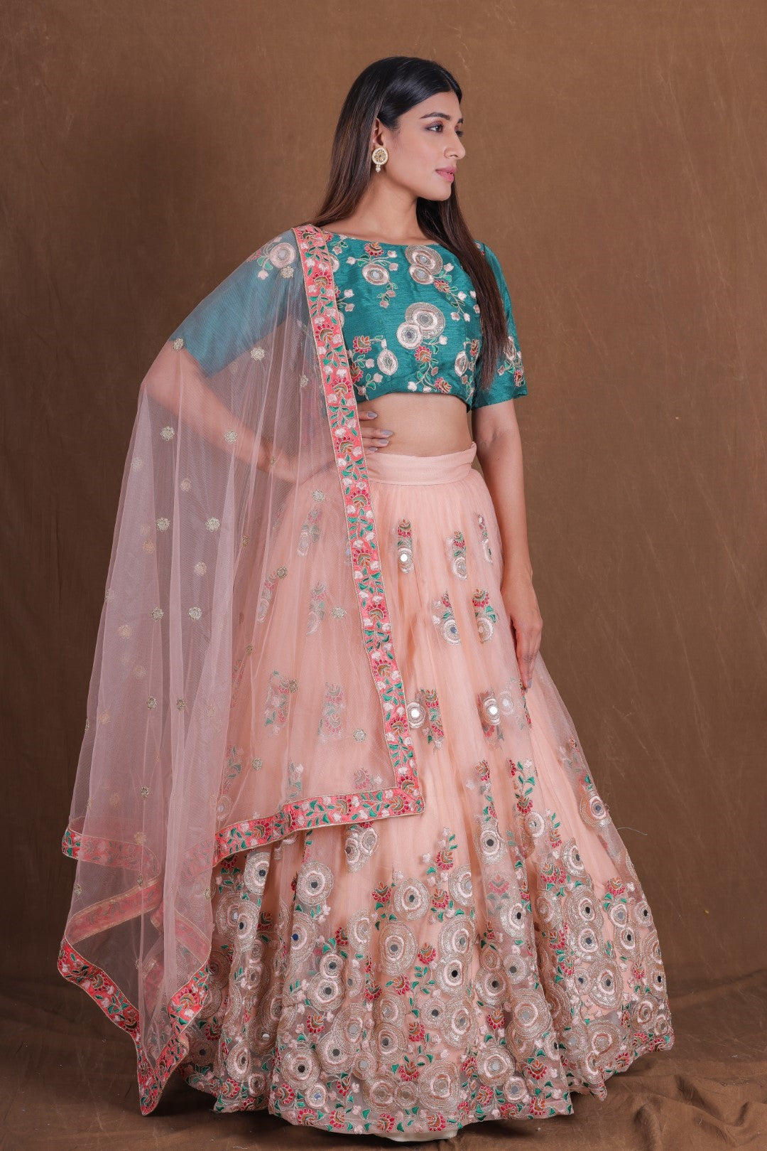 Women's Peach Net Embroidered Lehenga Set - Jihu Culture