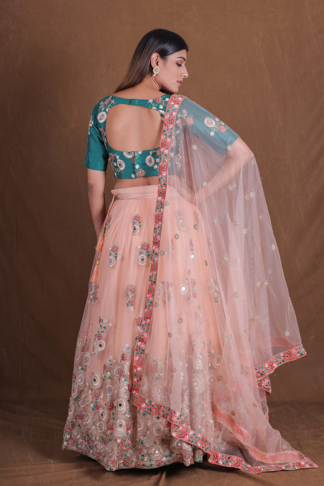 Women's Peach Net Embroidered Lehenga Set - Jihu Culture