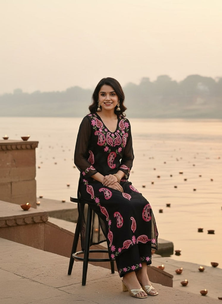 Women's Black Embroidered Kurta With Pant