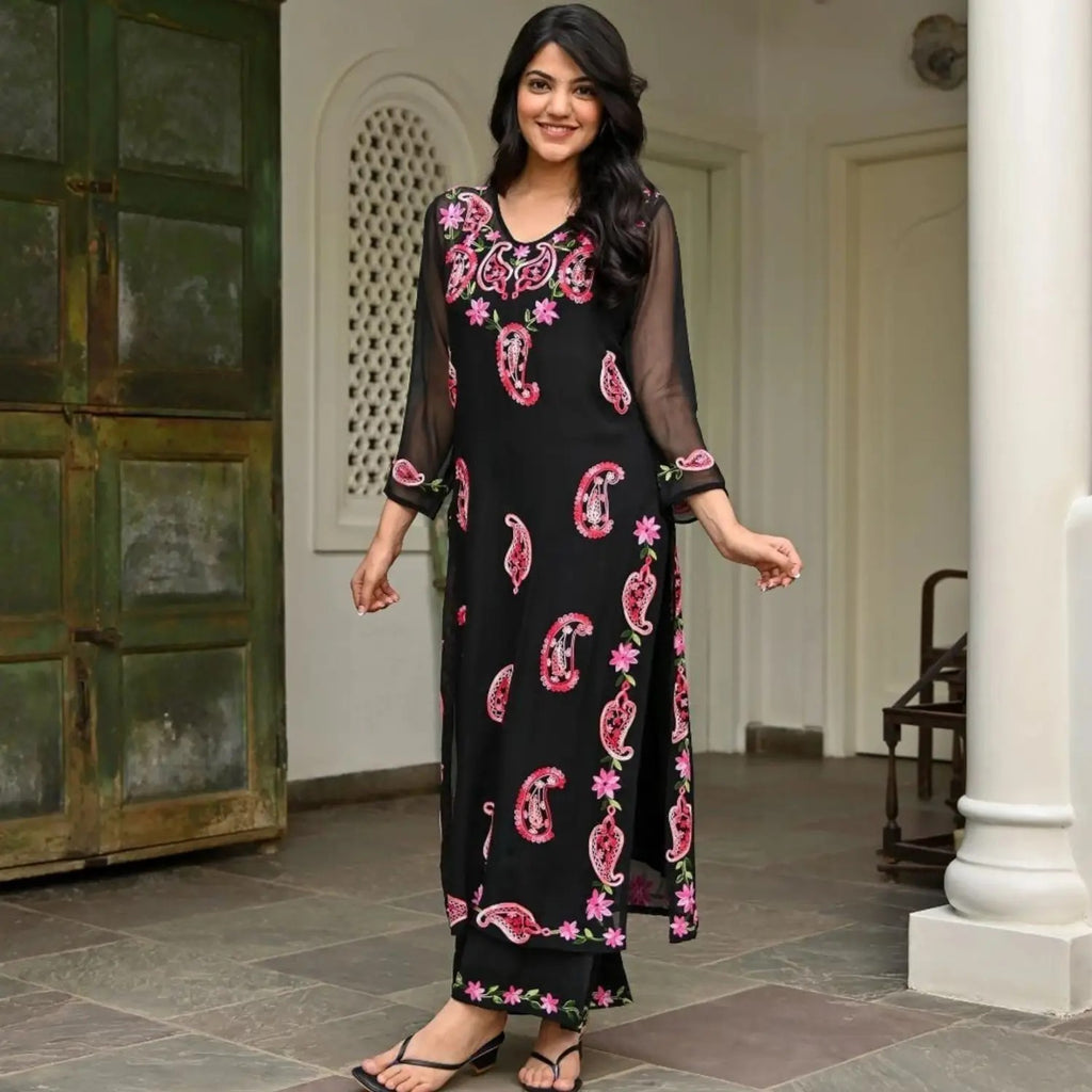 Women's Black Embroidered Kurta With Pant