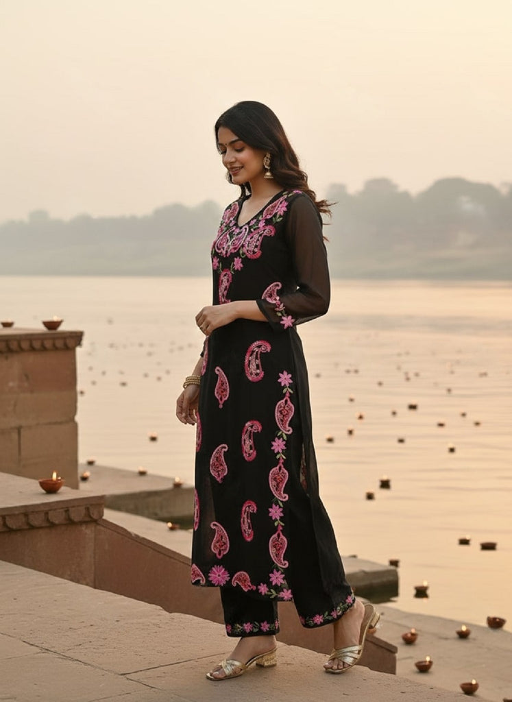 Women's Black Embroidered Kurta With Pant