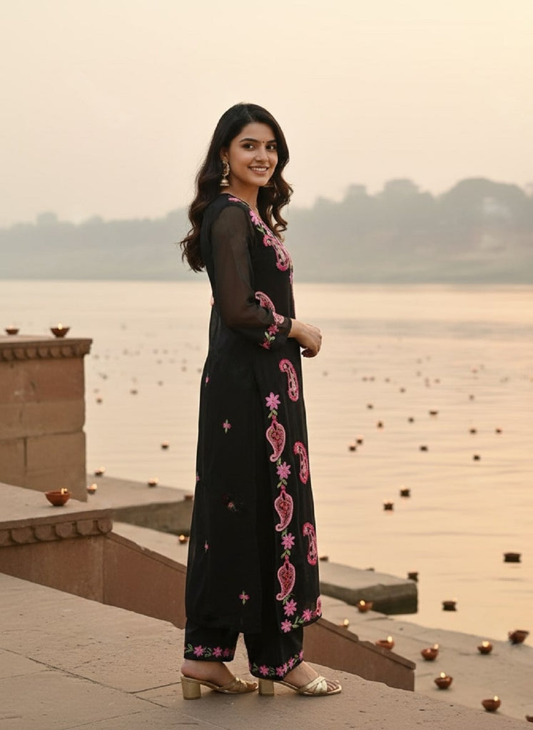 Women's Black Embroidered Kurta With Pant
