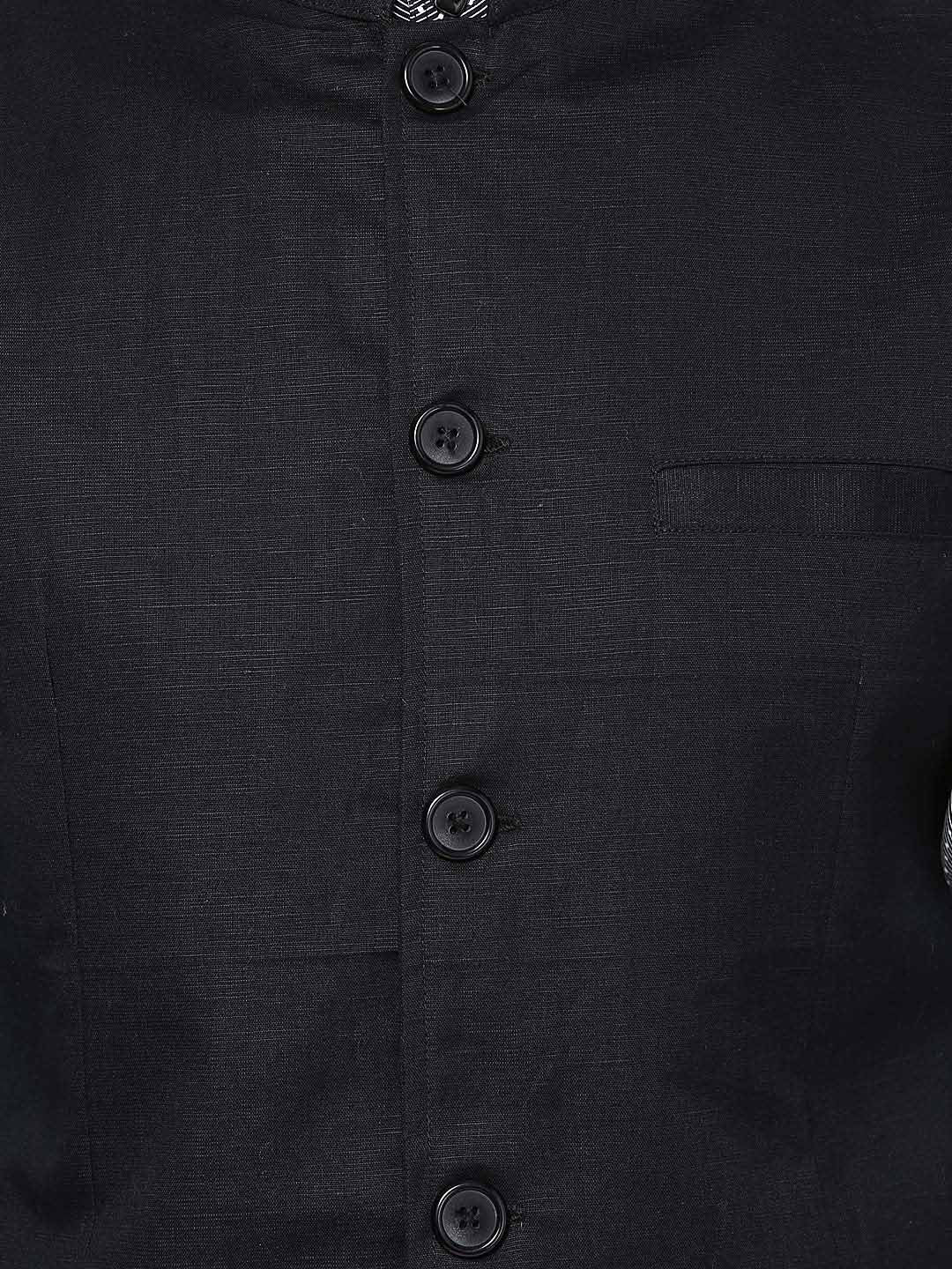 Men's Black Linen Blend Nehru Jacket  - Final Clearance Sale