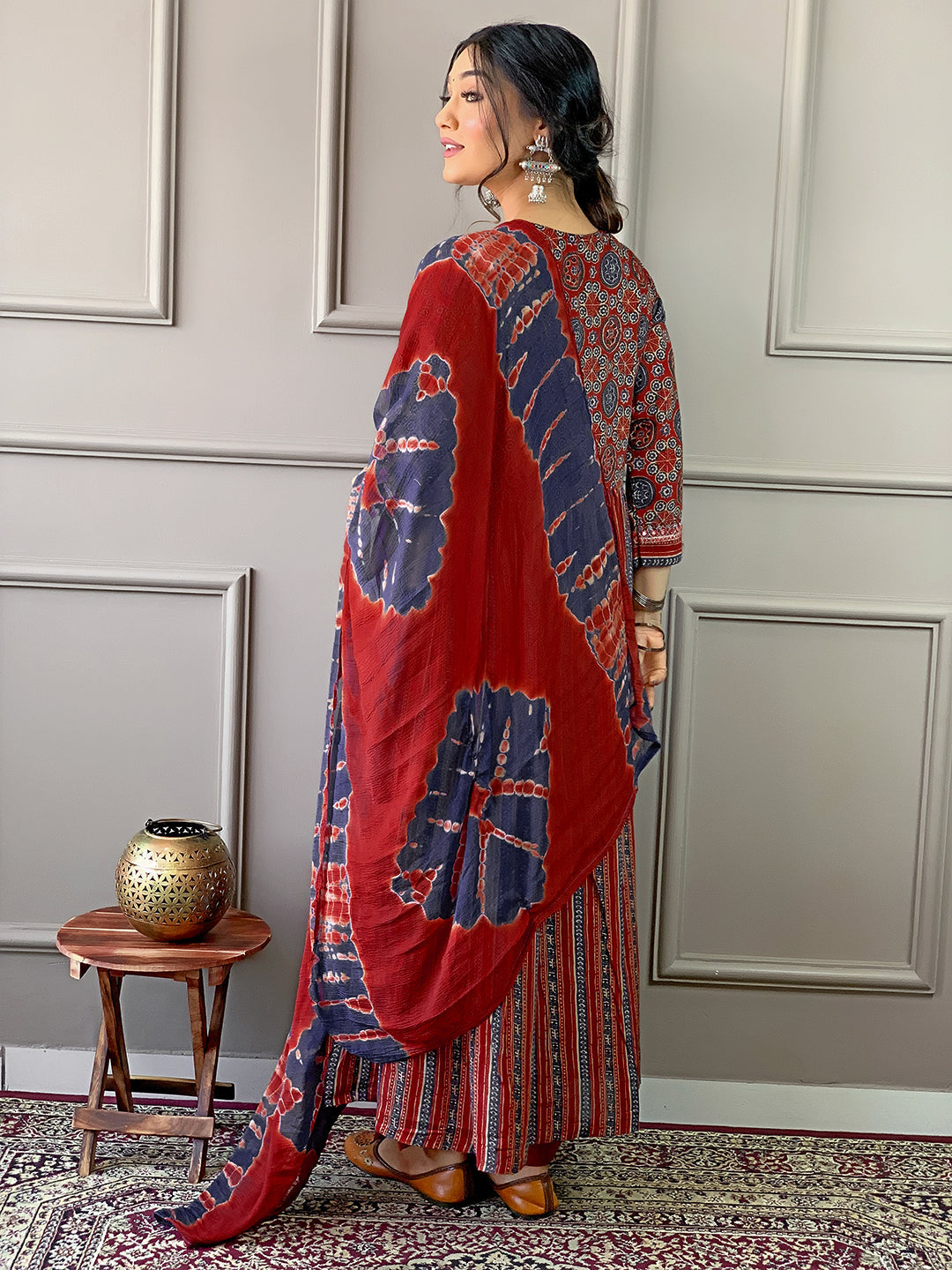 Women's V Neck Printed Work Cotton Fabric Kurta & Pant With Dupatta Set - Taantav