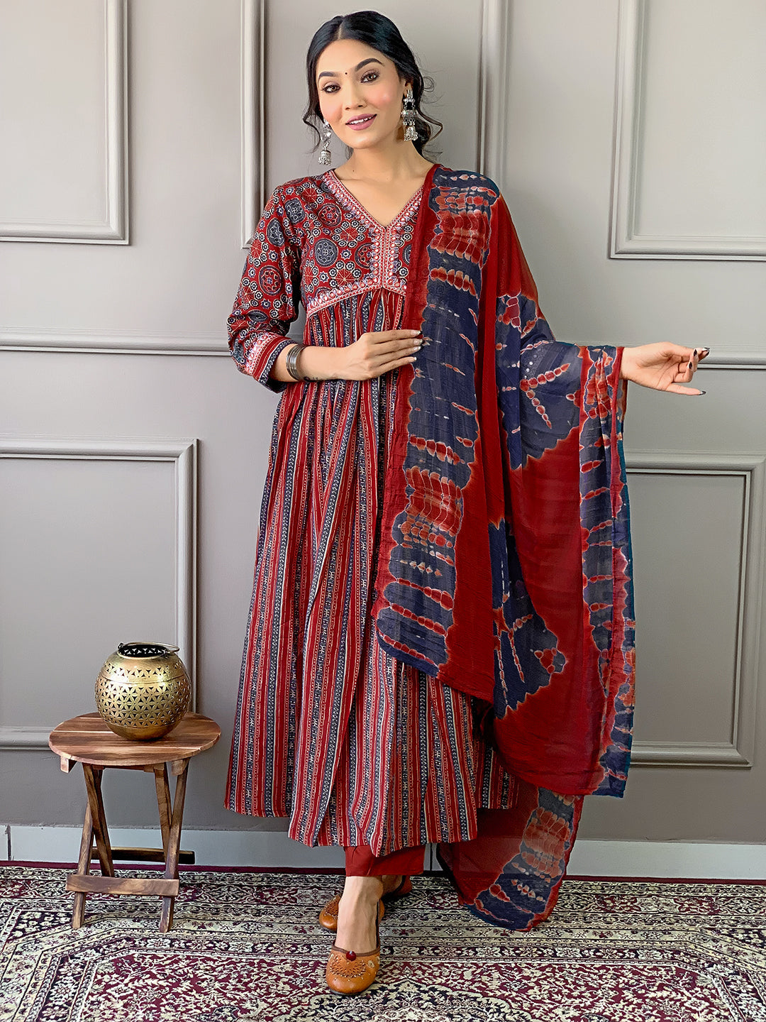 Women's V Neck Printed Work Cotton Fabric Kurta & Pant With Dupatta Set - Taantav