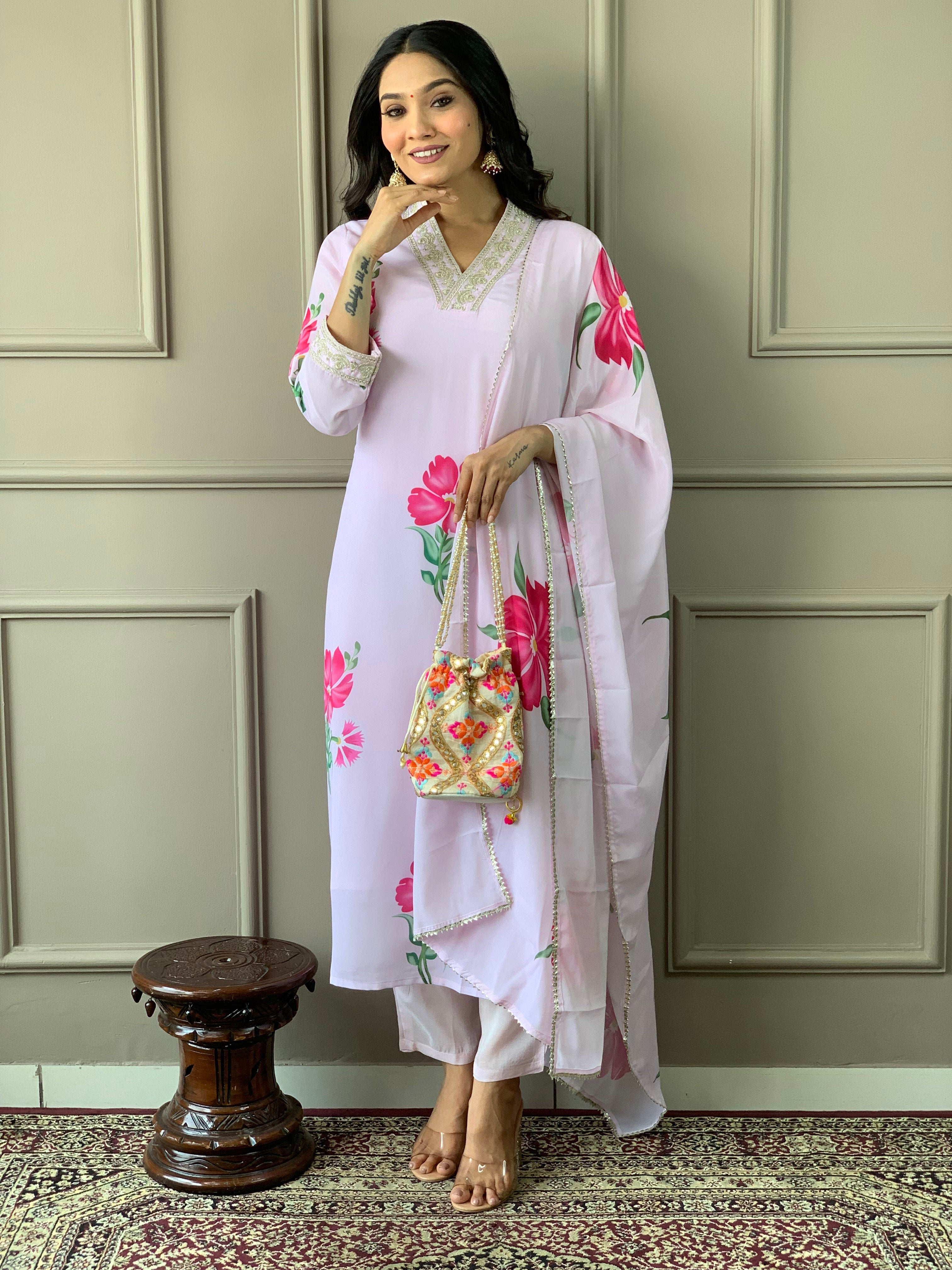 Women's V Neck Embroidered Work French Crepe Fabric Kurta & Pant With Dupatta Set - Taantav