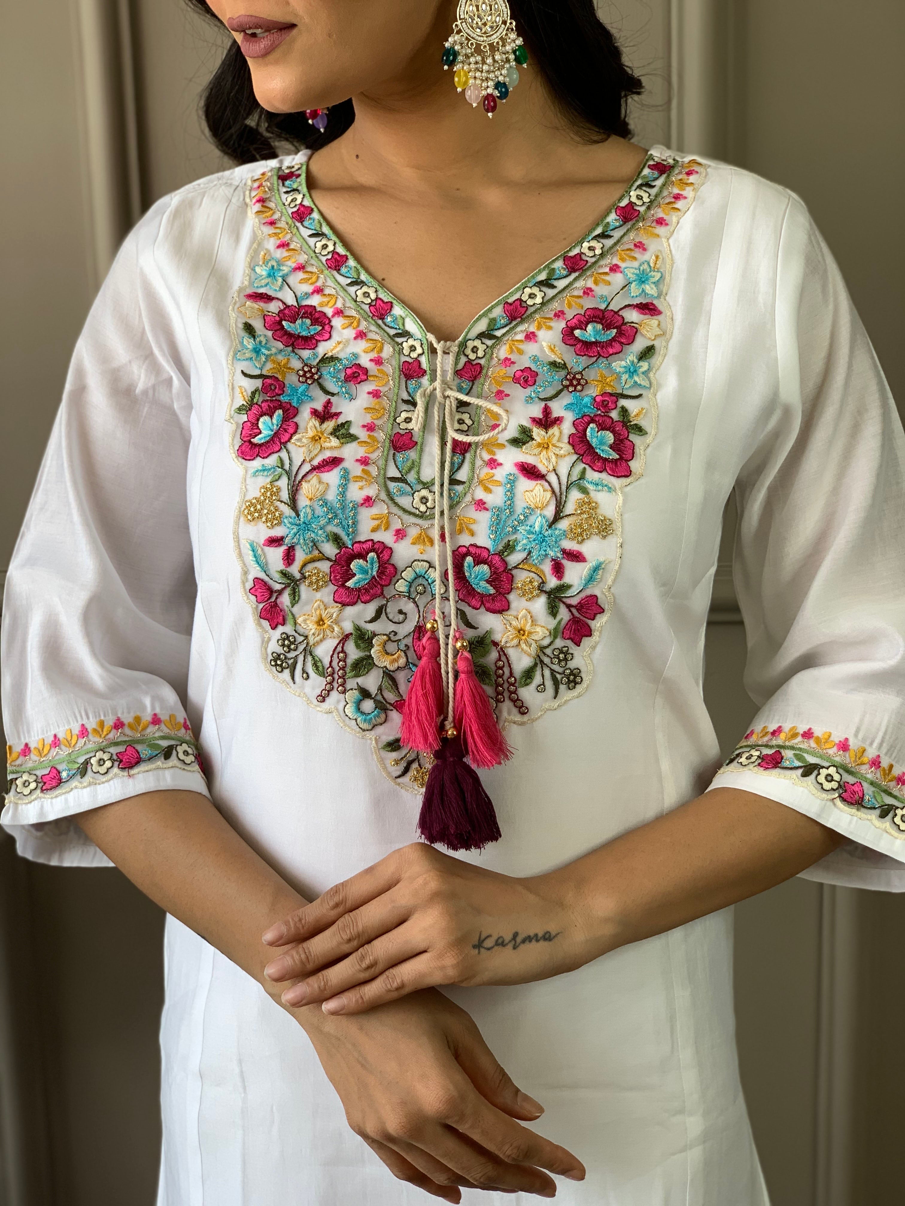 Women's V Neck Embroidered Work, Chanderi Fabric With Cotton Lining Kurta & Pant With Dupatta Set - Taantav