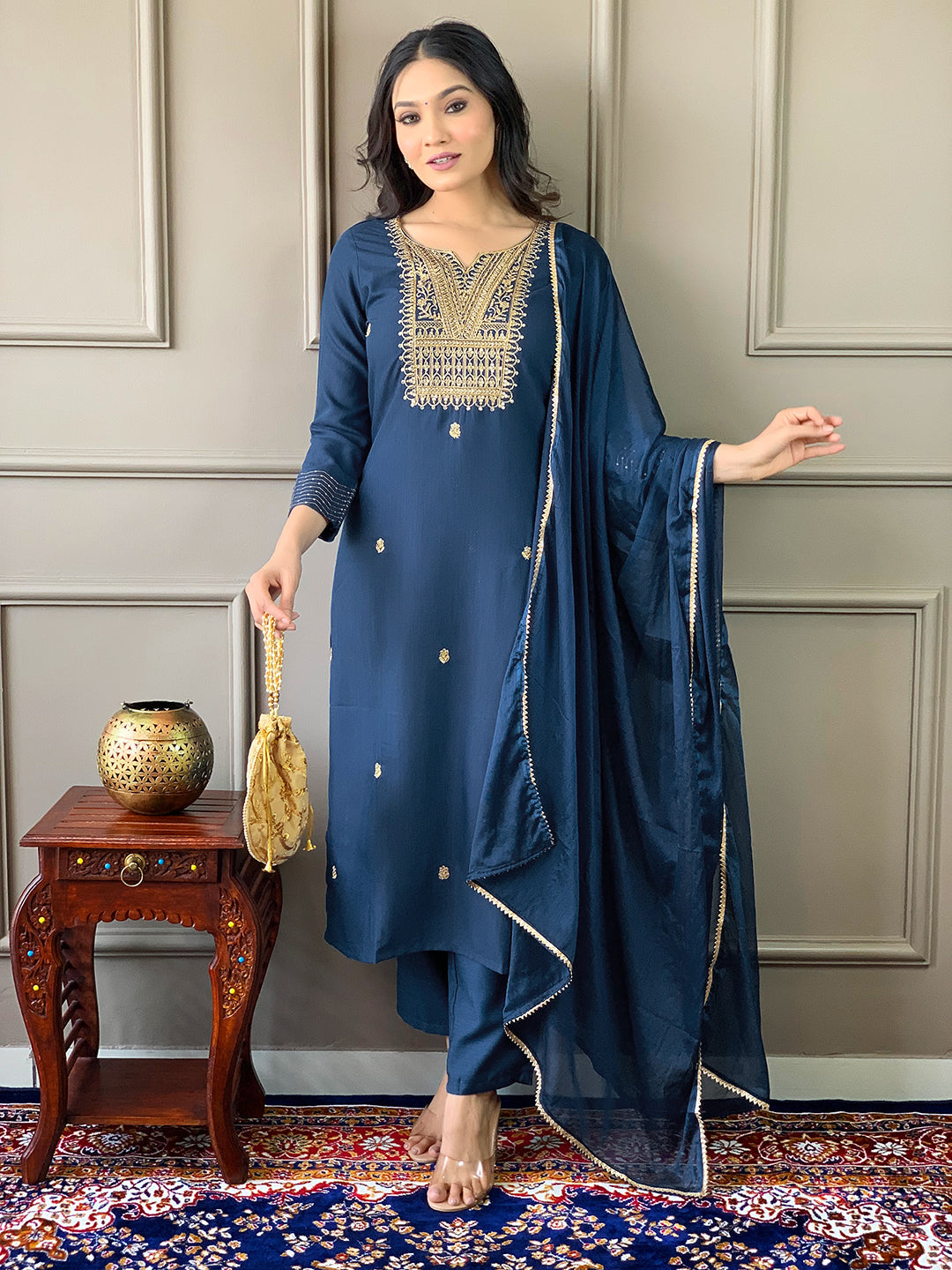 Women's V Neck Embroidered Work Rayon Slub Fabric Kurta & Pant With Dupatta Set - Taantav