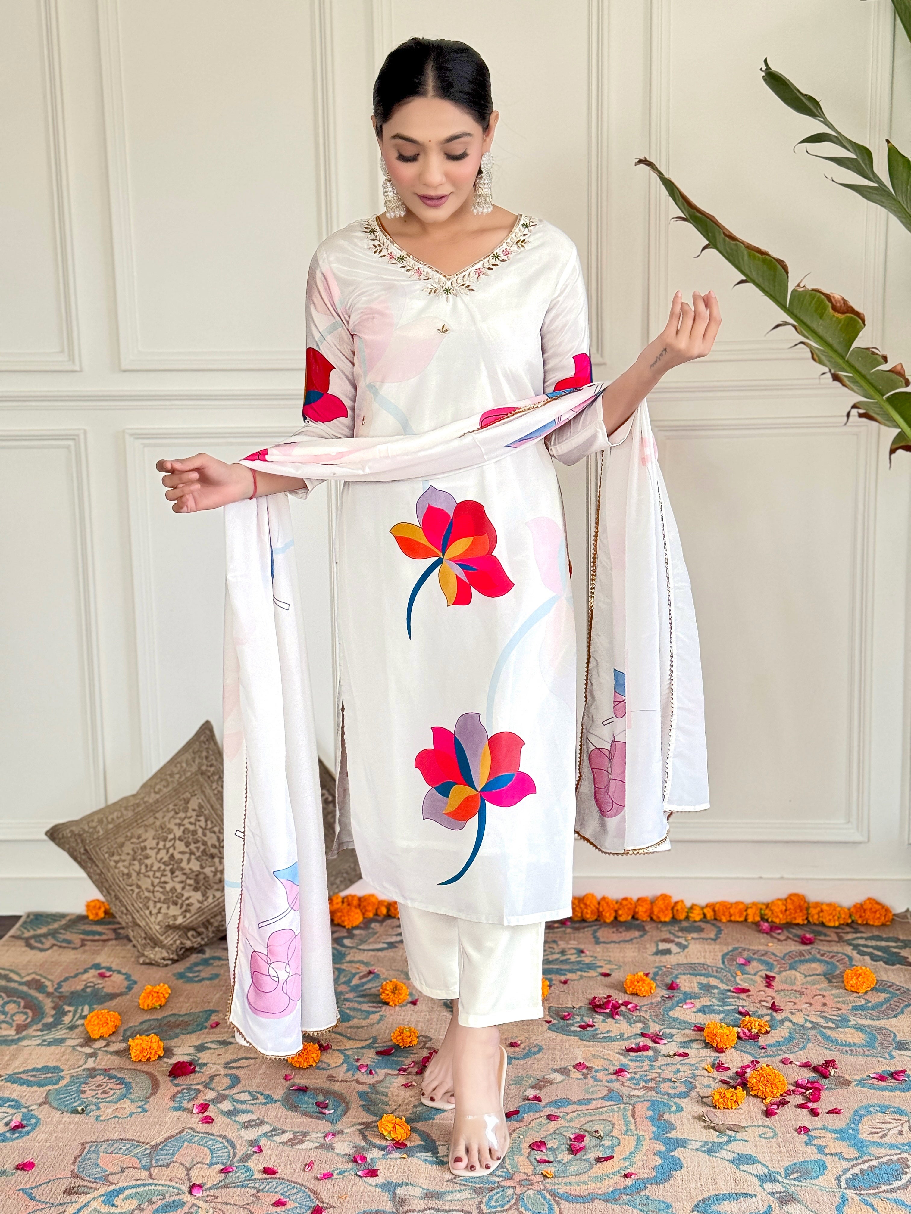 Women's V Neck Embroidered Work Cotton Fabric Kurta & Pant With Dupatta Set - Taantav