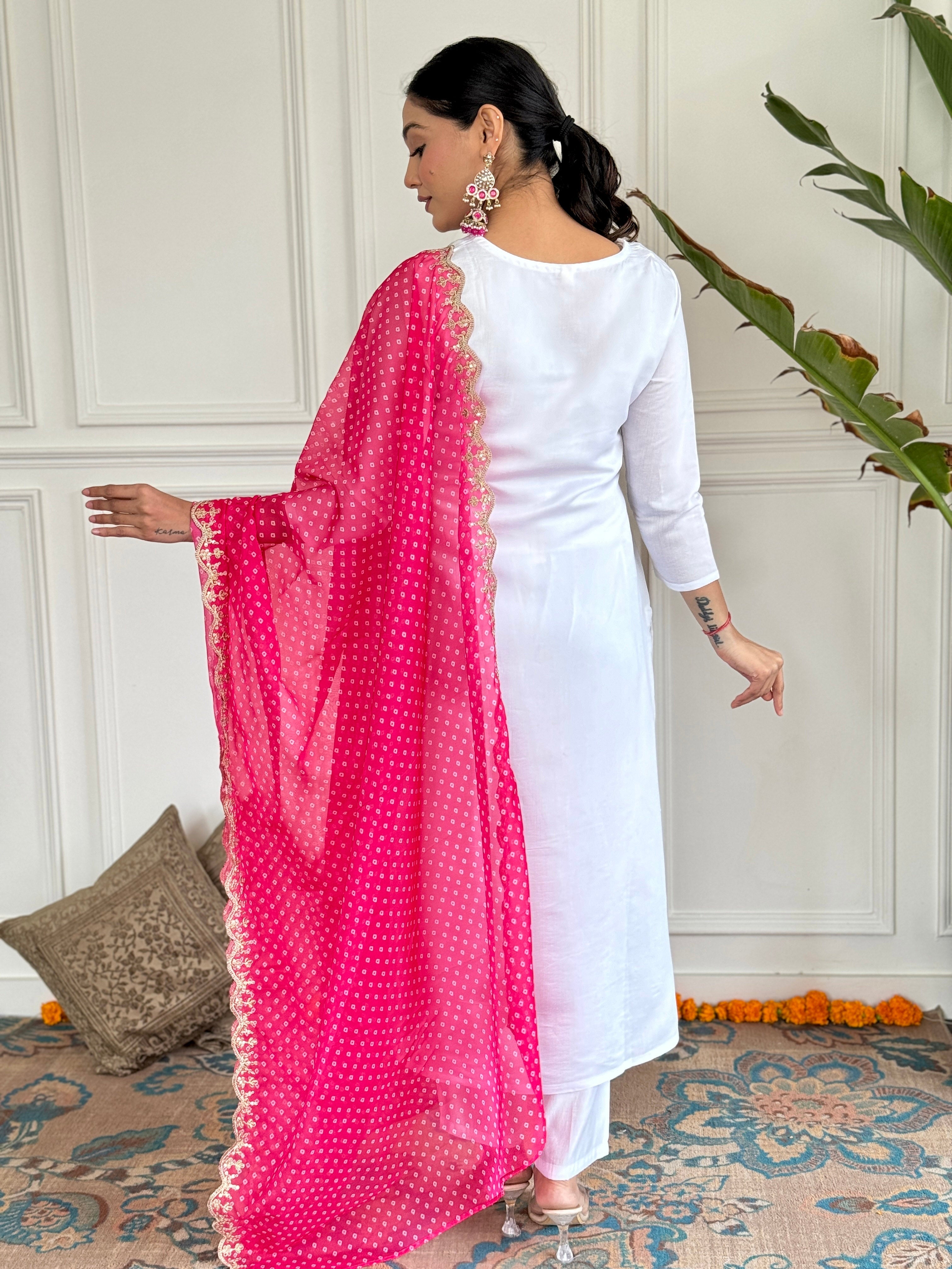 Women's Round Neck Embroidered Work Viscose Rayon Fabric Kurta & Pant With Dupatta Set - Taantav