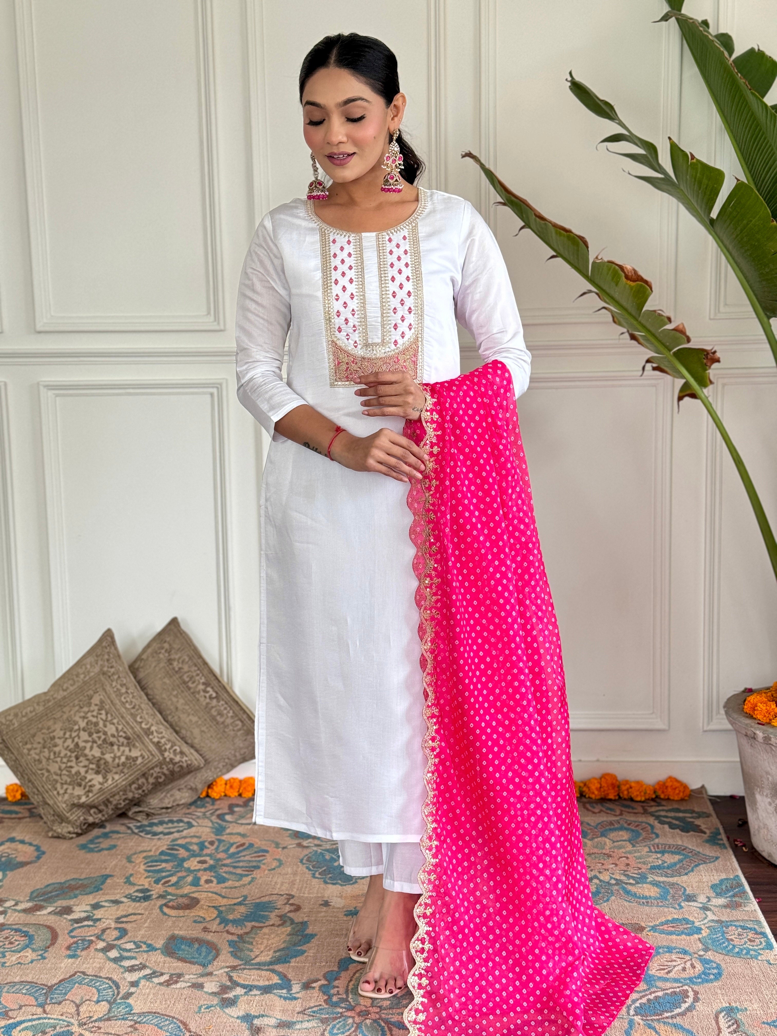 Women's Round Neck Embroidered Work Viscose Rayon Fabric Kurta & Pant With Dupatta Set - Taantav