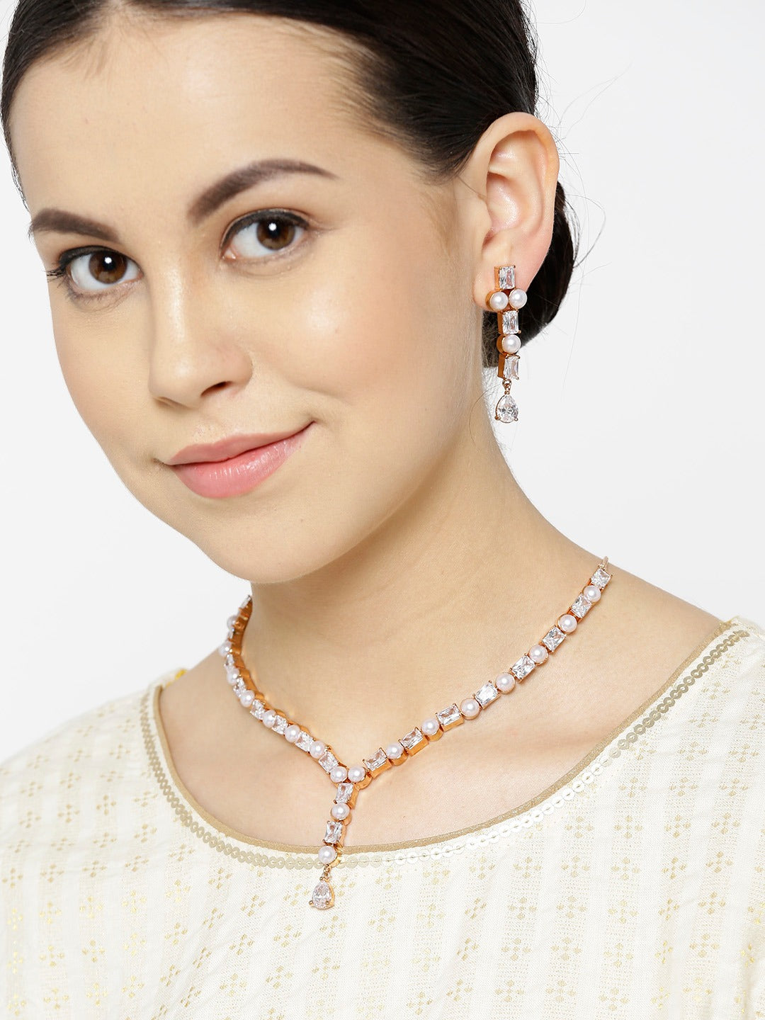 Women's  American Diamond Pearls Rose Gold Plated Jewellery Set