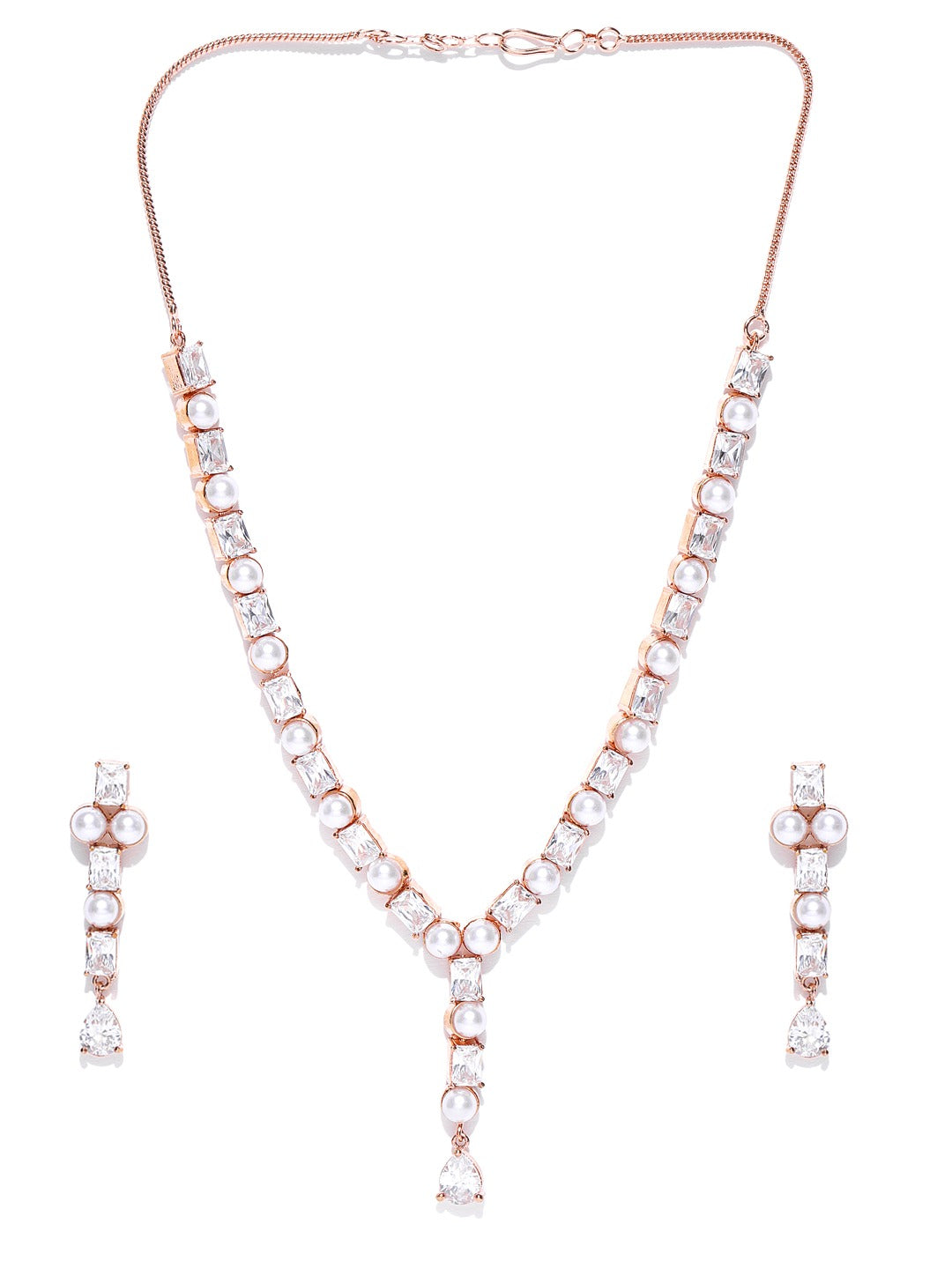 Women's  American Diamond Pearls Rose Gold Plated Jewellery Set