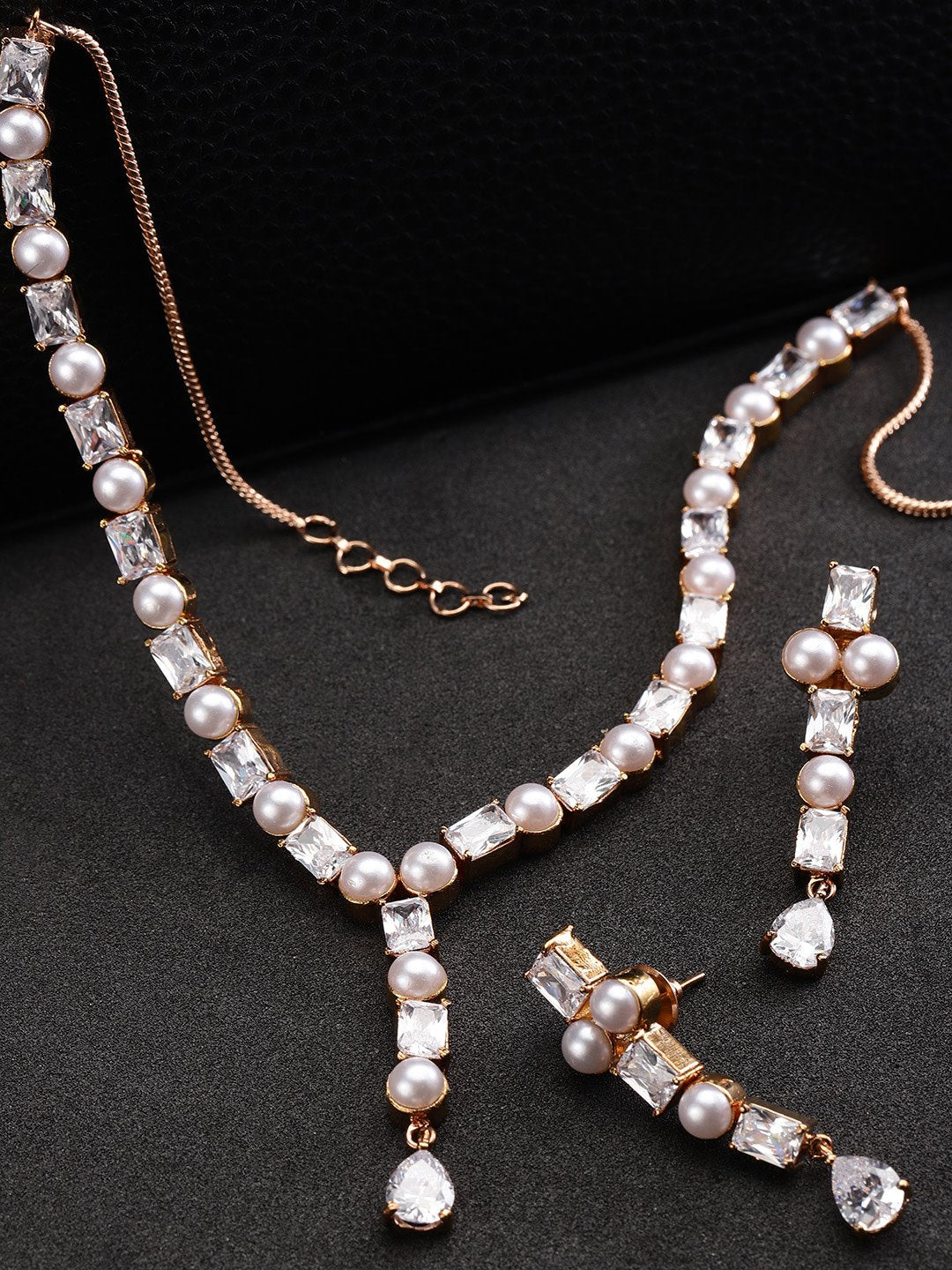 Women's  American Diamond Pearls Rose Gold Plated Jewellery Set