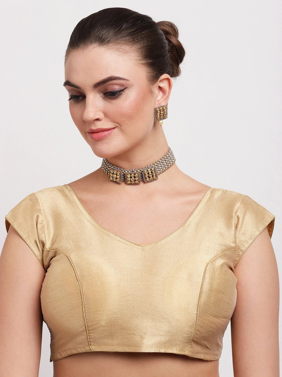 Women's Grey Beads Kundan Pearls Gold Plated Jewellery Set