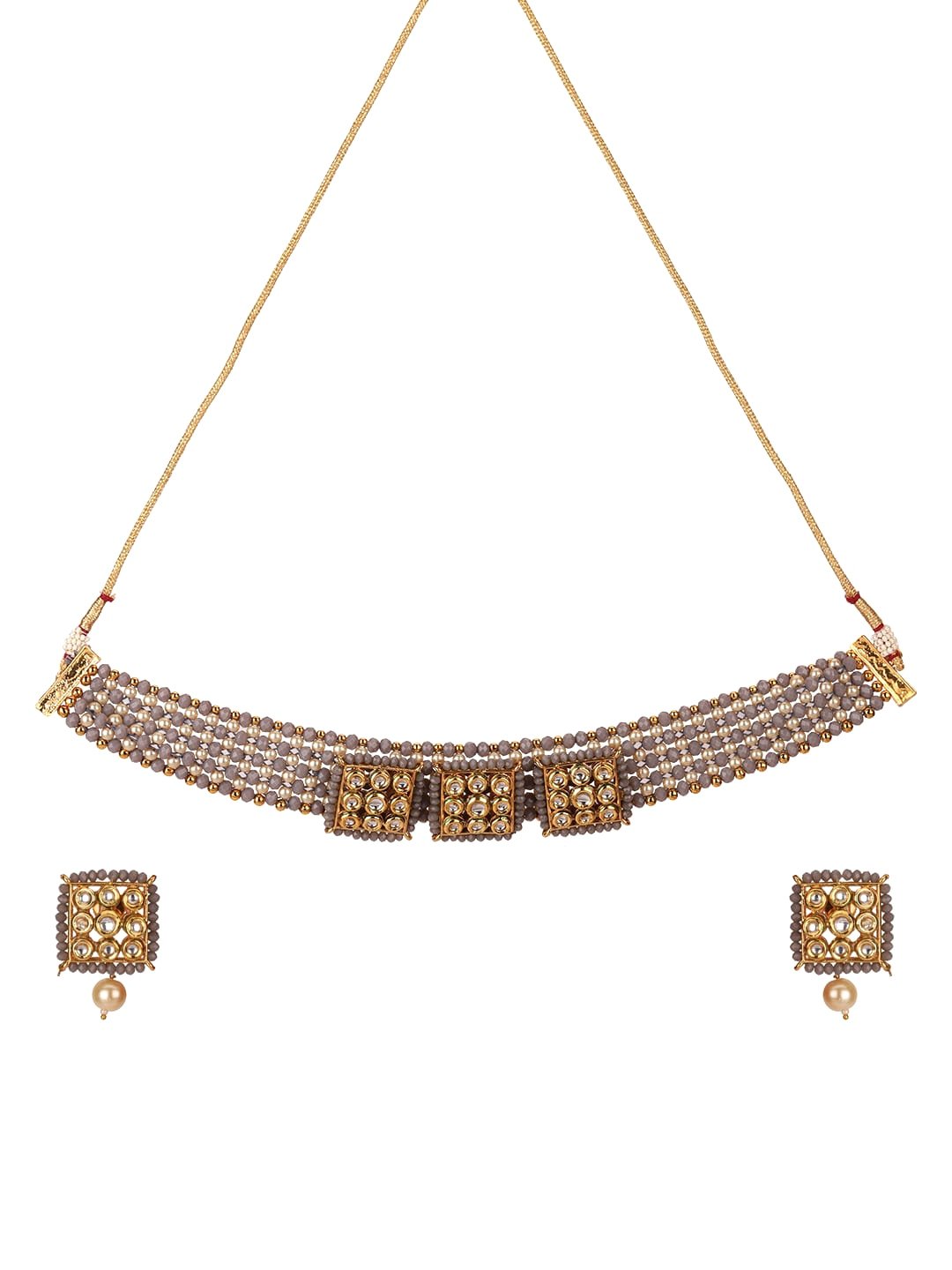 Women's Grey Beads Kundan Pearls Gold Plated Jewellery Set