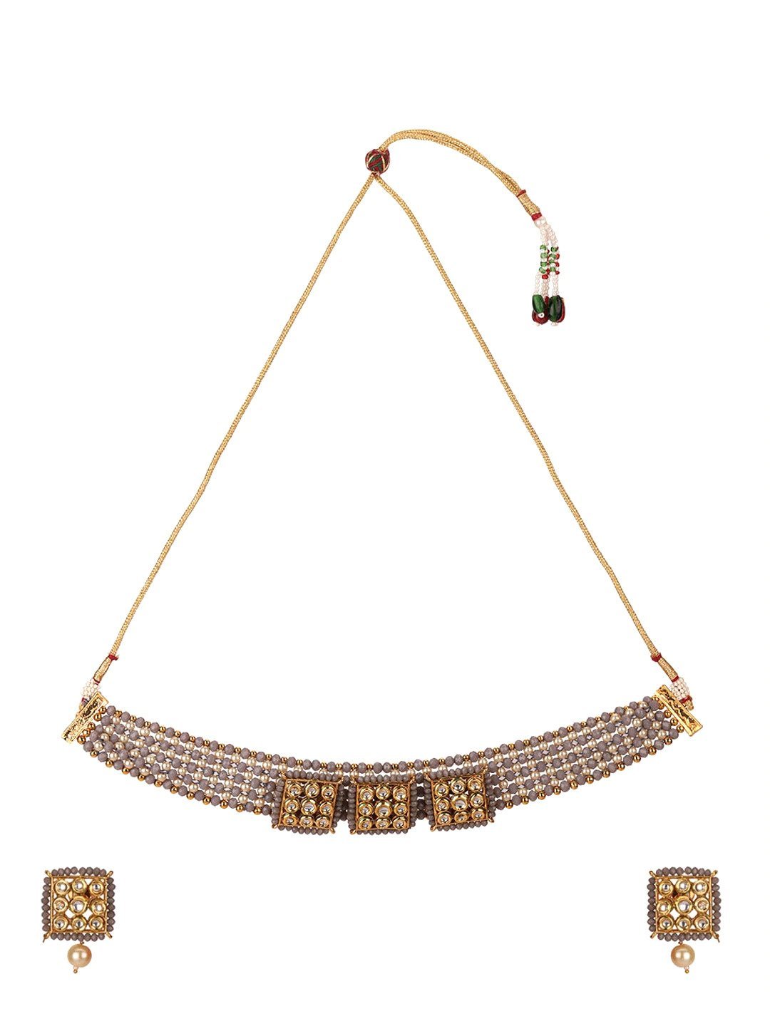 Women's Grey Beads Kundan Pearls Gold Plated Jewellery Set