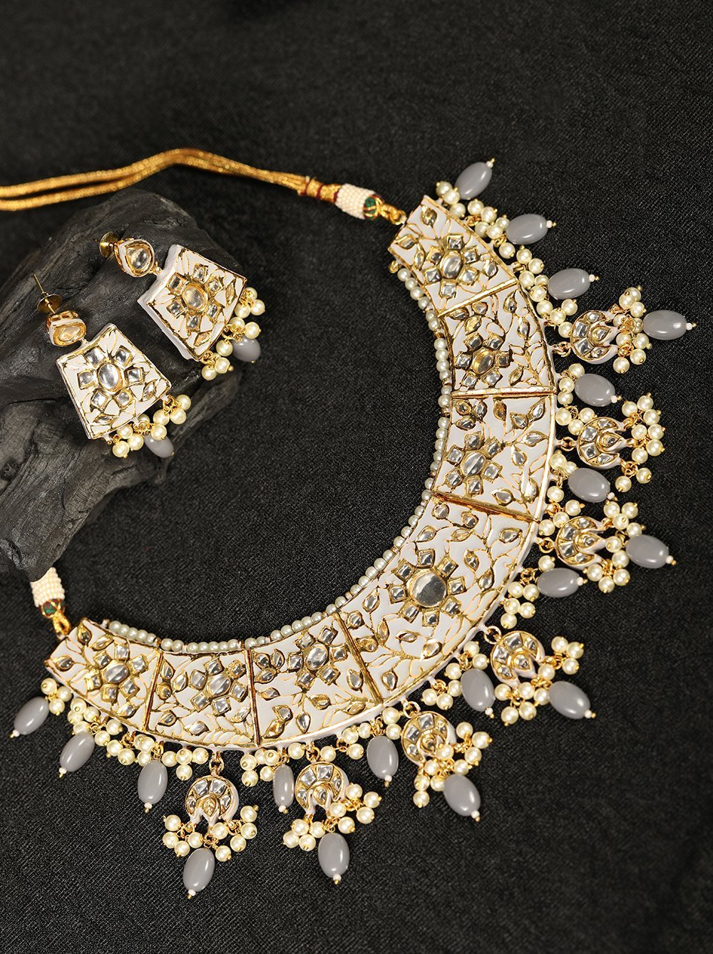 Women's Grey Pearls Beads Kundan Gold Plated Jewellery Sets