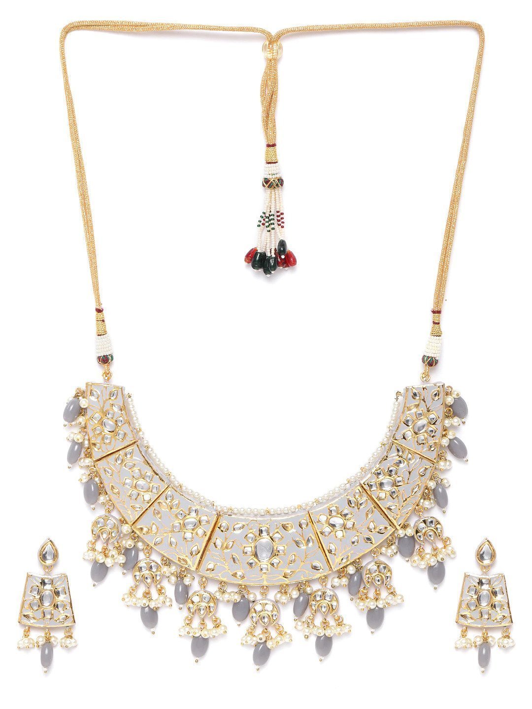 Women's Grey Pearls Beads Kundan Gold Plated Jewellery Sets