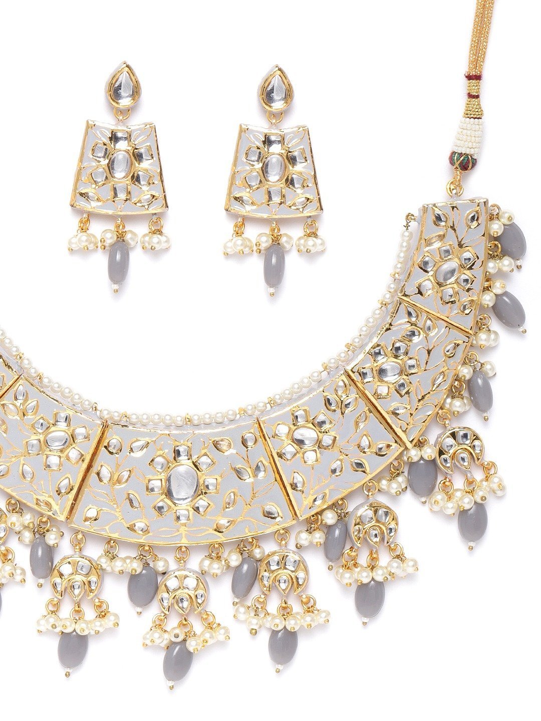 Women's Grey Pearls Beads Kundan Gold Plated Jewellery Sets