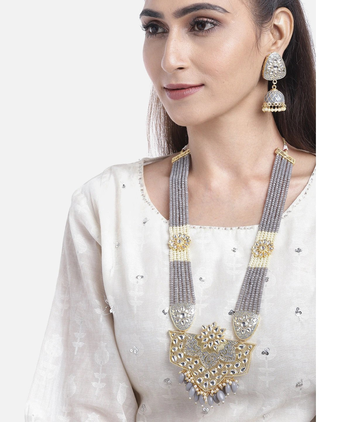 Women's Grey Pearls Beads Kundan Gold Plated Ranihaar Jewellery Set