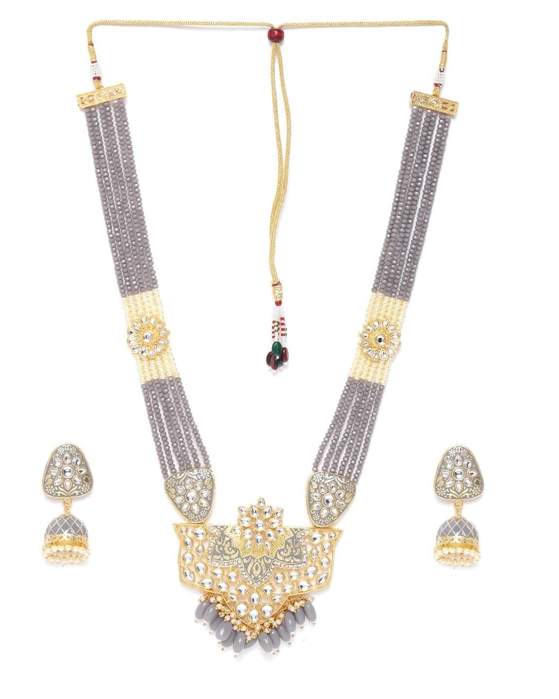 Women's Grey Pearls Beads Kundan Gold Plated Ranihaar Jewellery Set