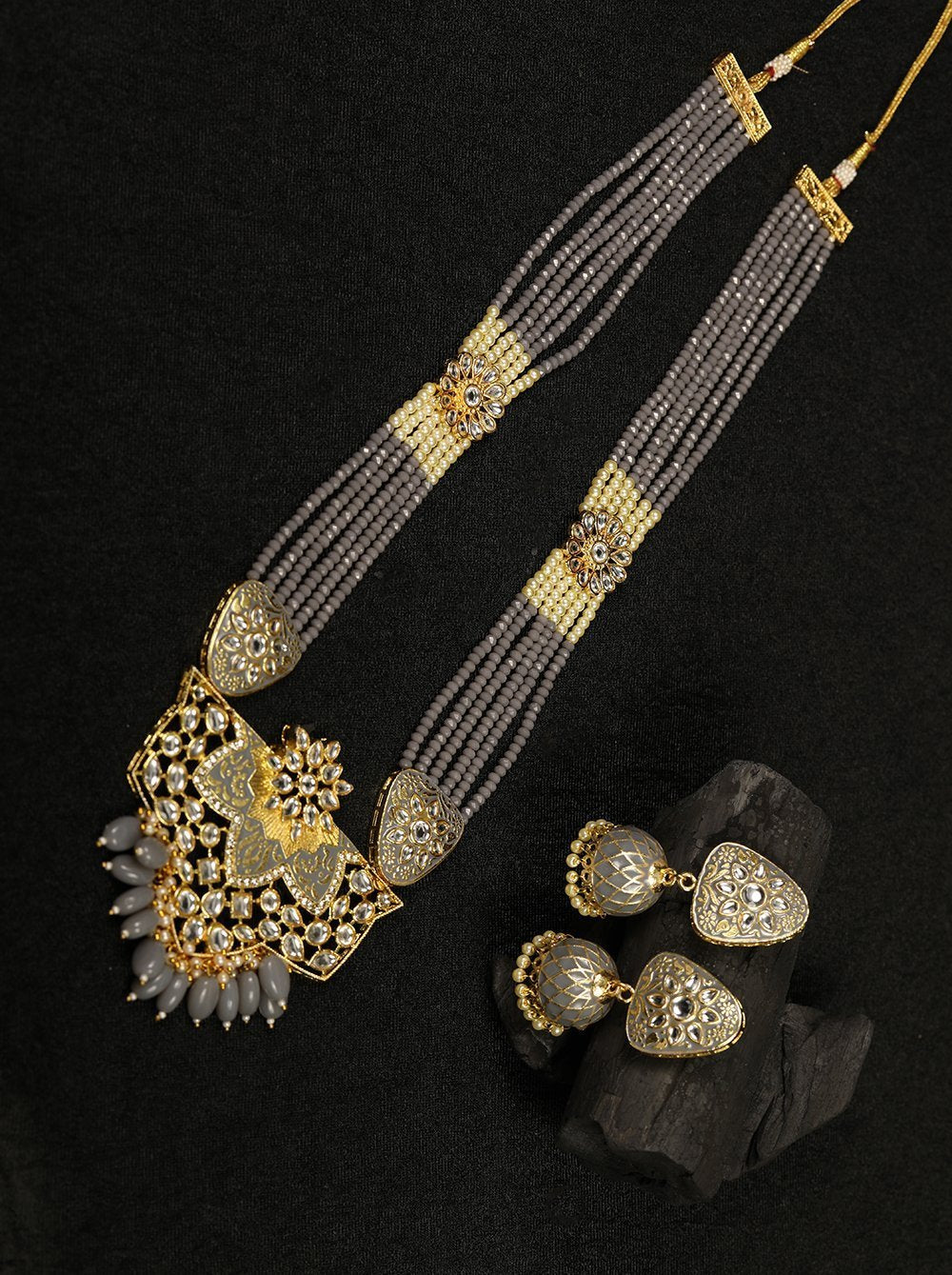 Women's Grey Pearls Beads Kundan Gold Plated Ranihaar Jewellery Set