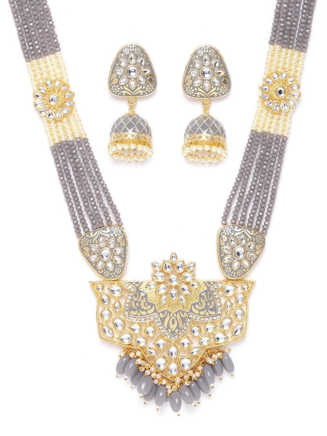 Women's Grey Pearls Beads Kundan Gold Plated Ranihaar Jewellery Set