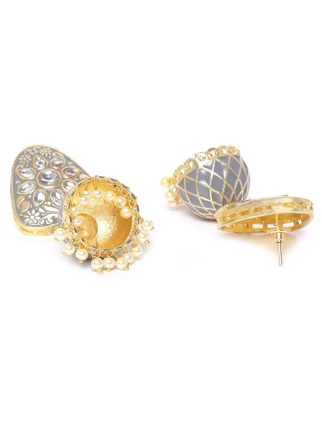 Women's Grey Pearls Beads Kundan Gold Plated Ranihaar Jewellery Set