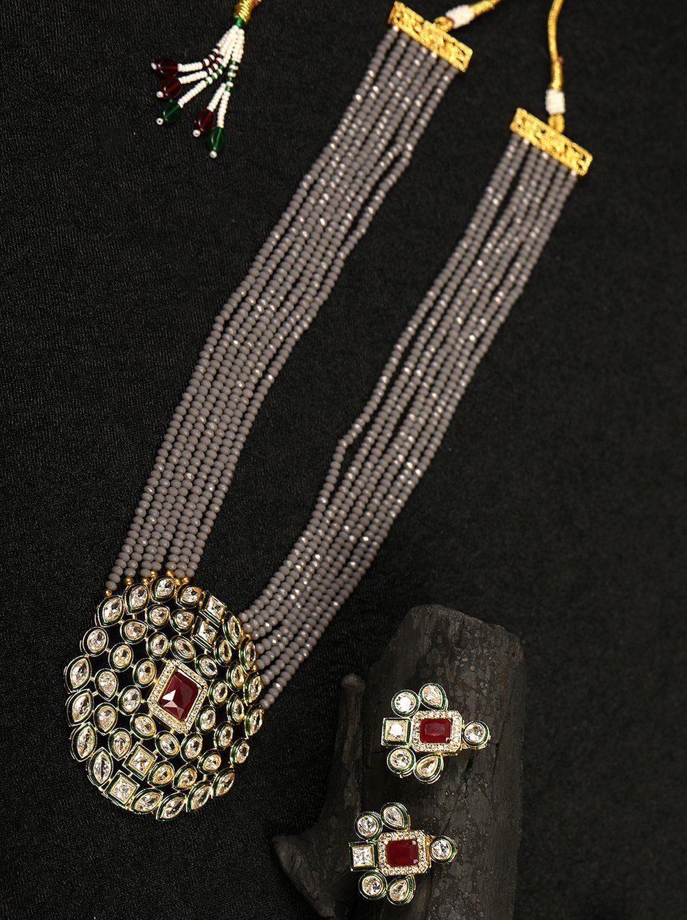 Women's Grey Beads Kundan Ruby Gold Plated Ranihaar Jewellery Set