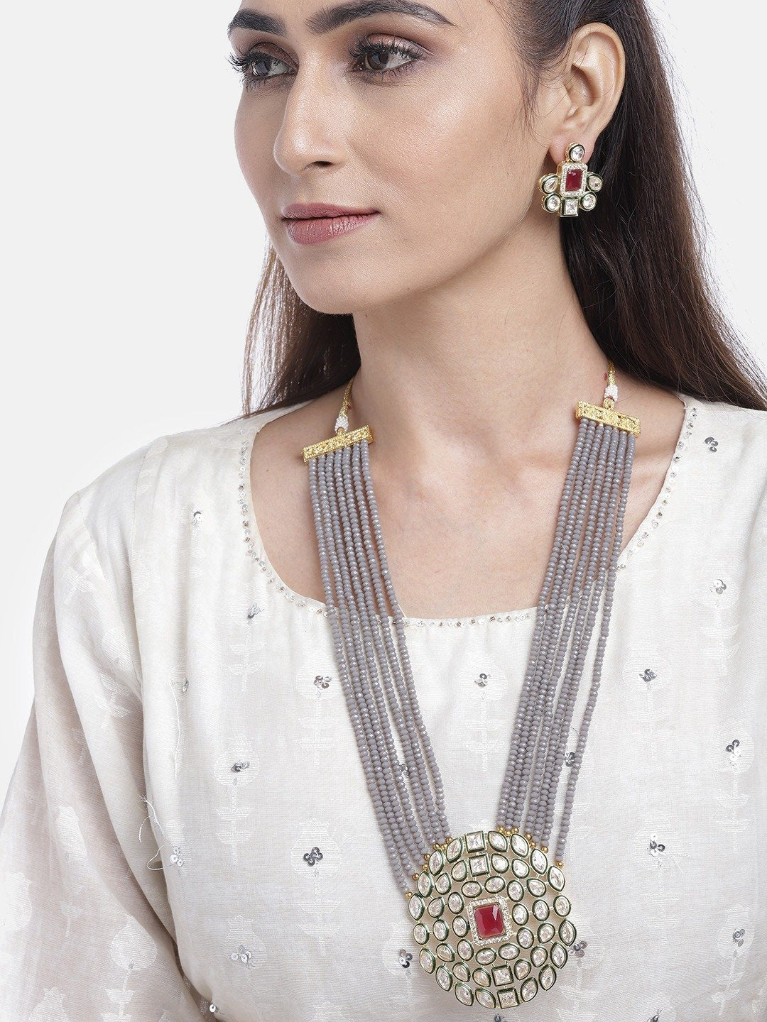 Women's Grey Beads Kundan Ruby Gold Plated Ranihaar Jewellery Set