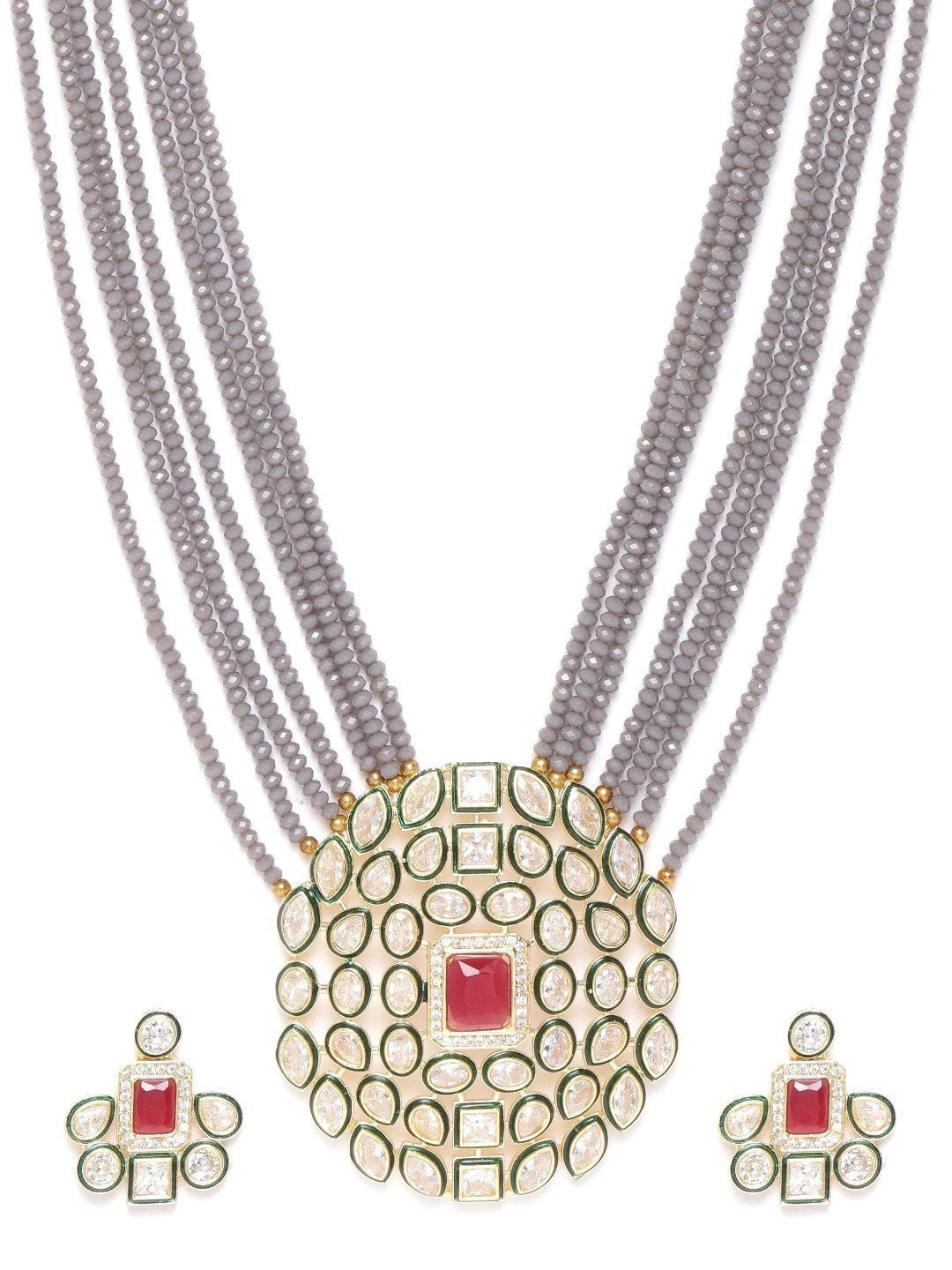 Women's Grey Beads Kundan Ruby Gold Plated Ranihaar Jewellery Set