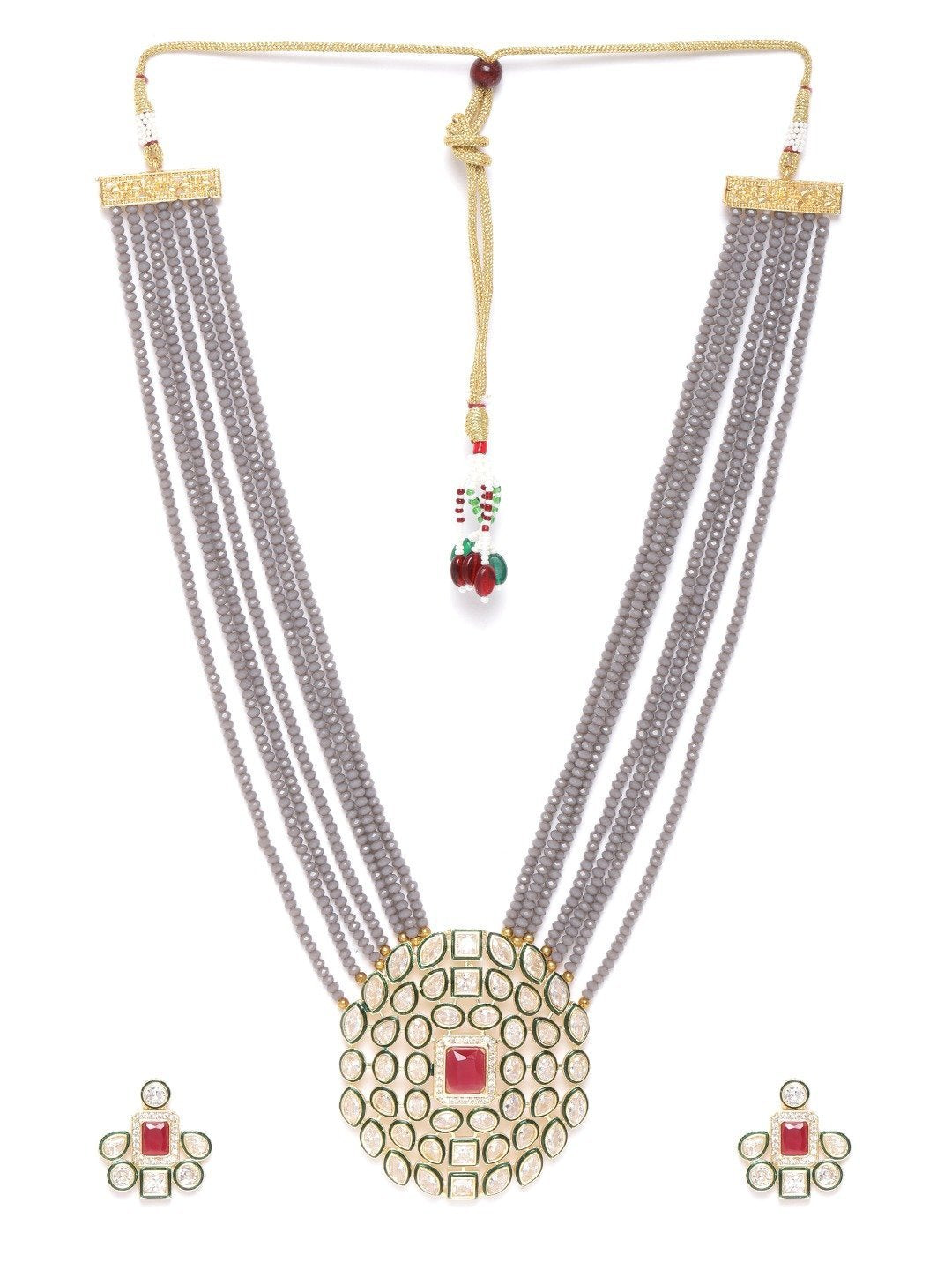 Women's Grey Beads Kundan Ruby Gold Plated Ranihaar Jewellery Set