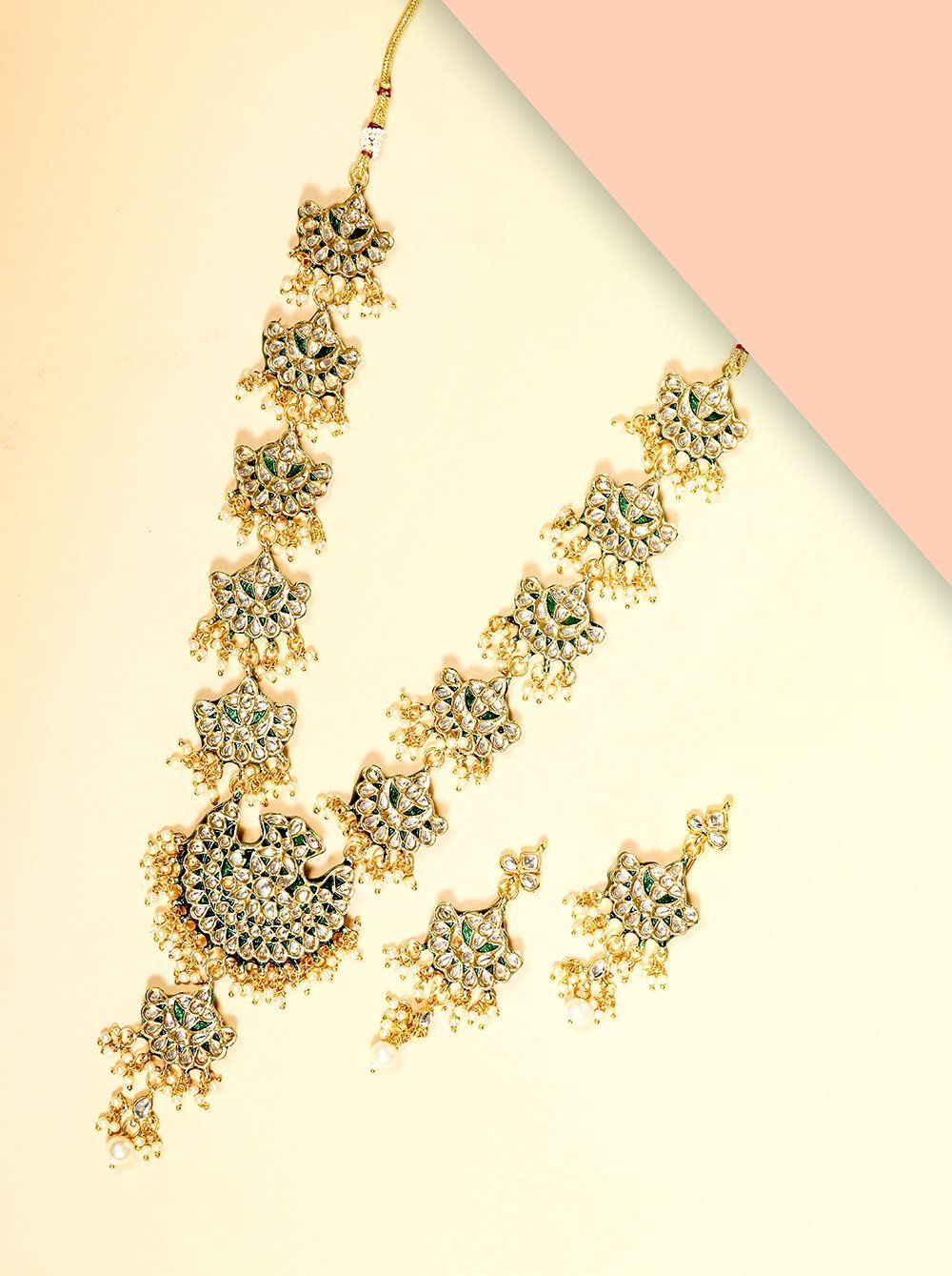 Women's Green Beads Kundan Gold Plated Jewellery Set