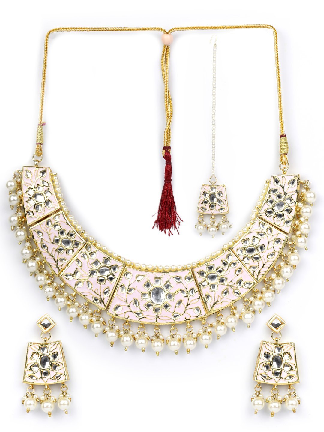 Women's Pink White Peals Beads MaangTika Jewellery Set