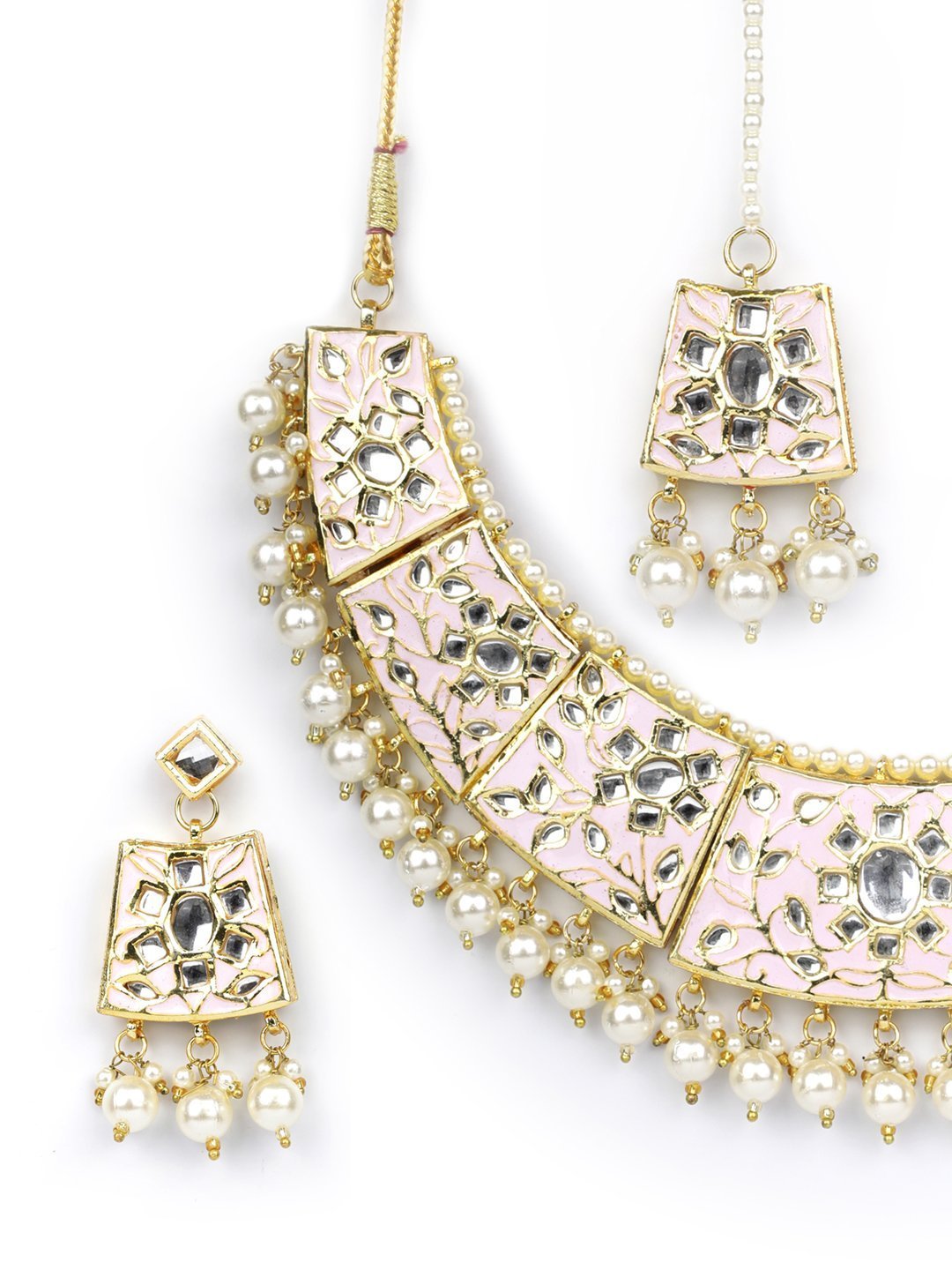 Women's Pink White Peals Beads MaangTika Jewellery Set