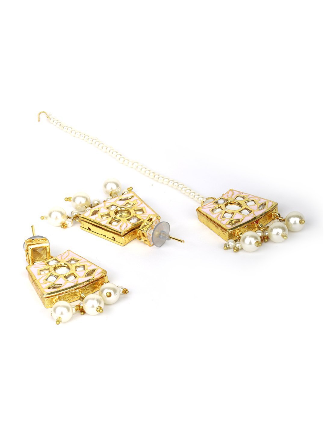 Women's Pink White Peals Beads MaangTika Jewellery Set