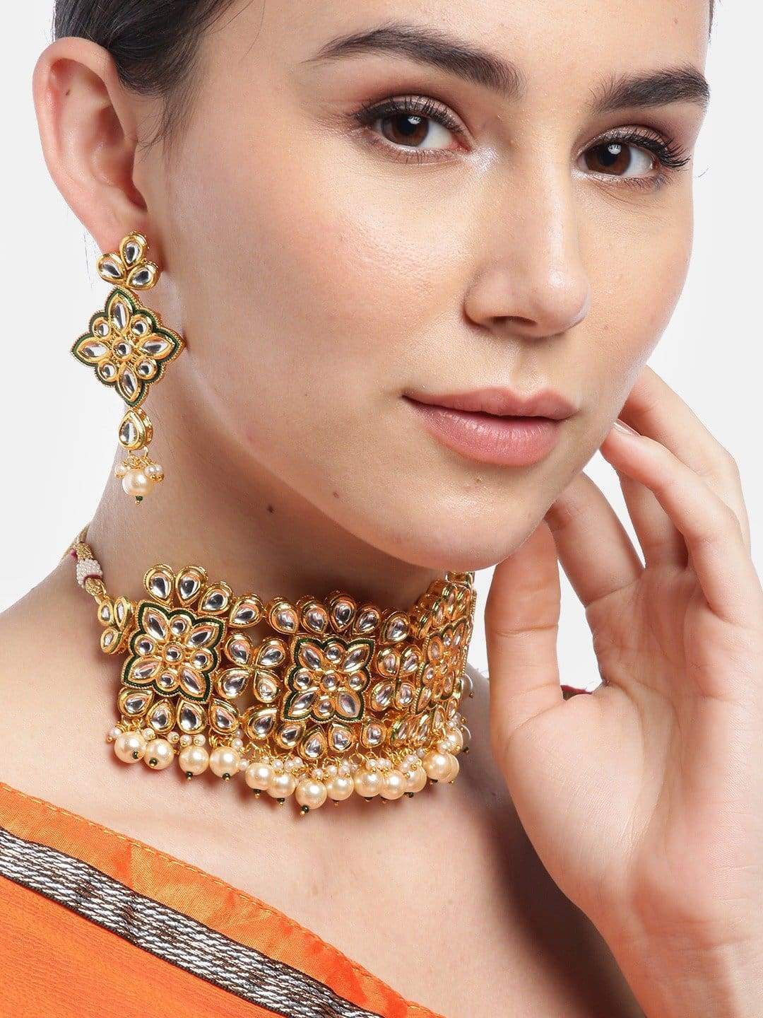 Women's Green Kundan Pearls Gold Plated Choker