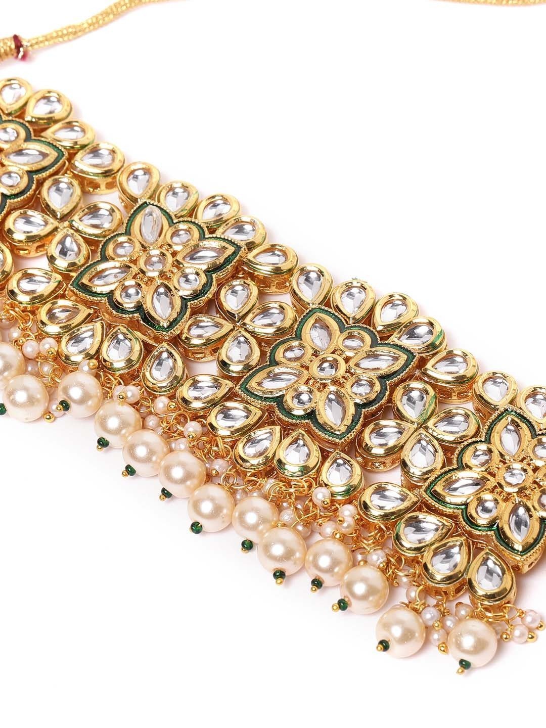 Women's Green Kundan Pearls Gold Plated Choker