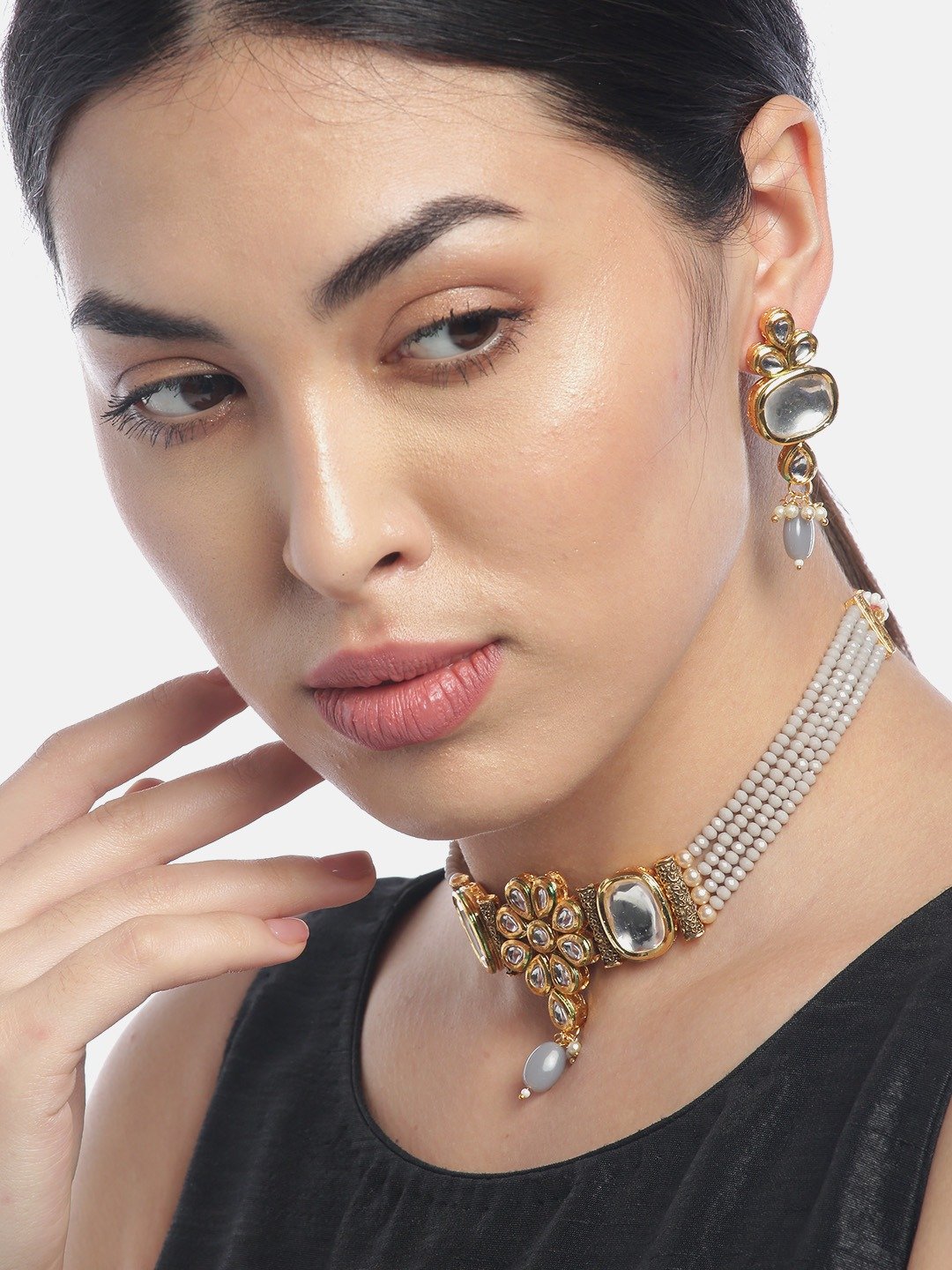 Women's Grey Beads Kundan Stones Gold Plated Floral Choker