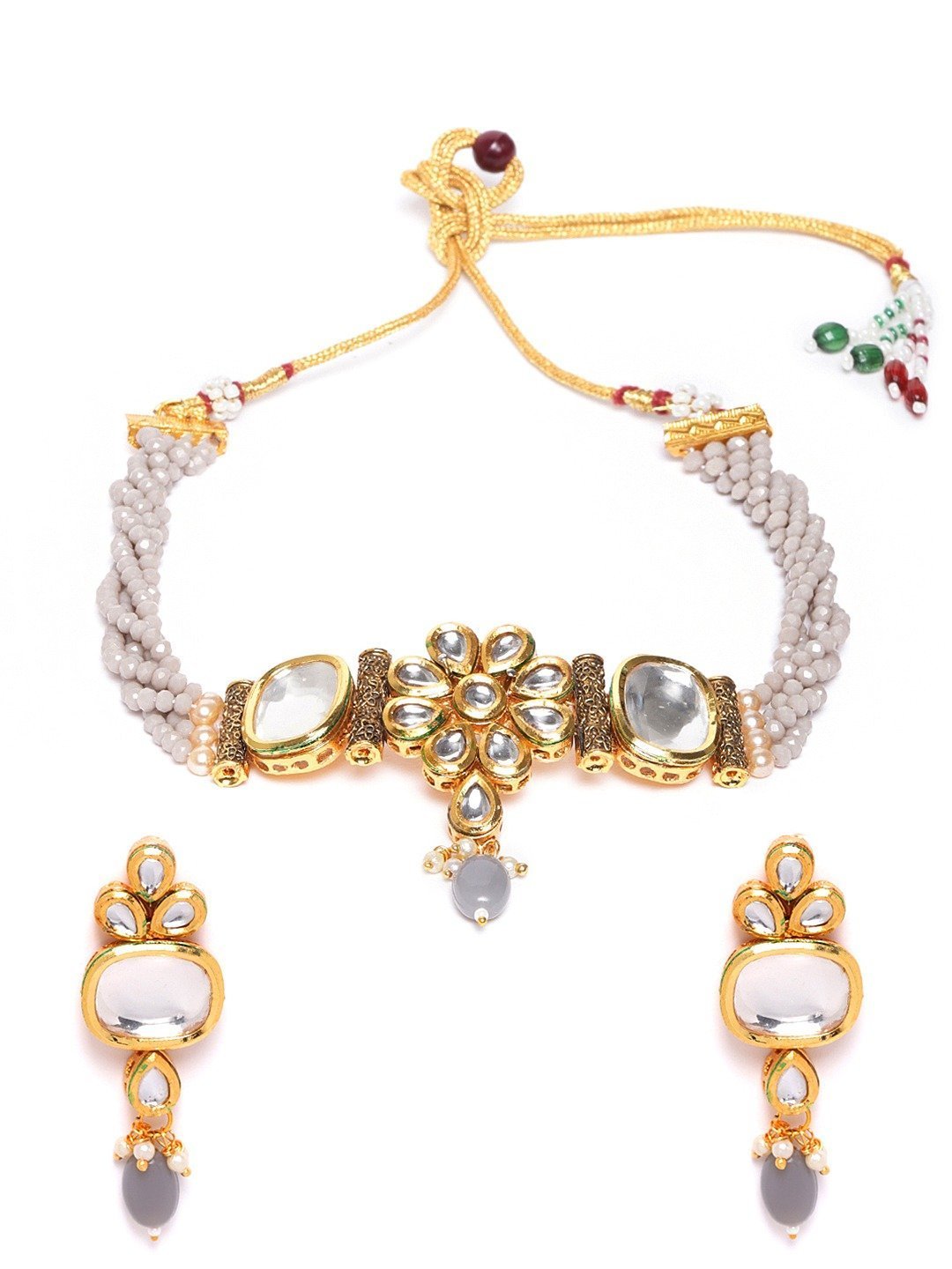 Women's Grey Beads Kundan Stones Gold Plated Floral Choker